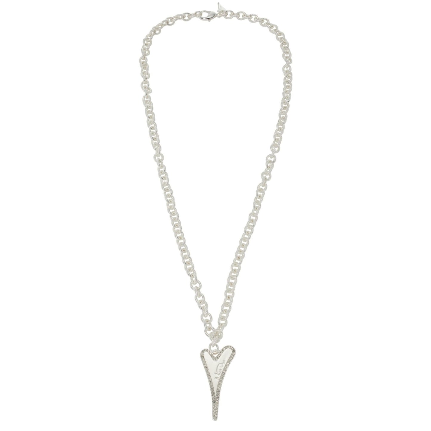 Miss Dee Long Silver Necklace with Sold Heart Cubic Zirconia Outline Heart - 1800714