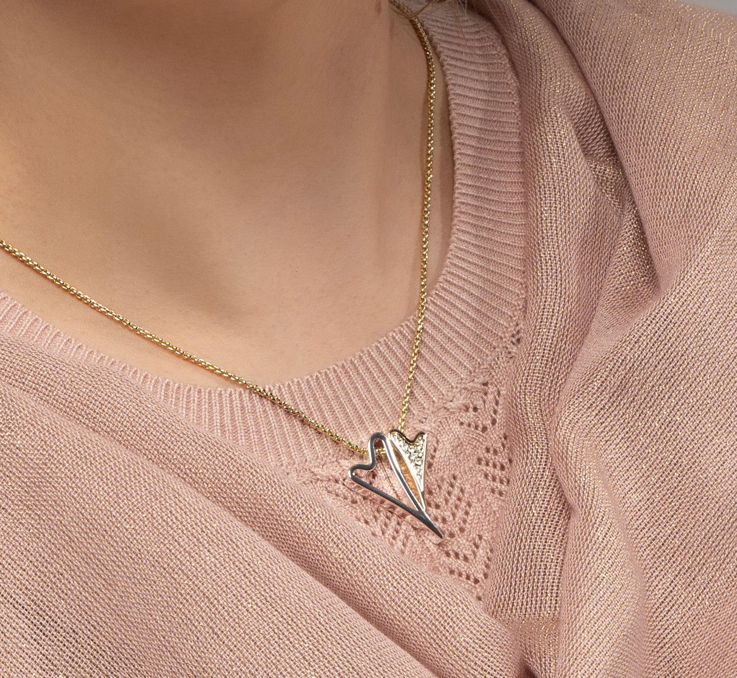 Miss Dee Gold Necklace with Silver Hollow Heart and Gold Cubic Zirconia Heart - 1900276