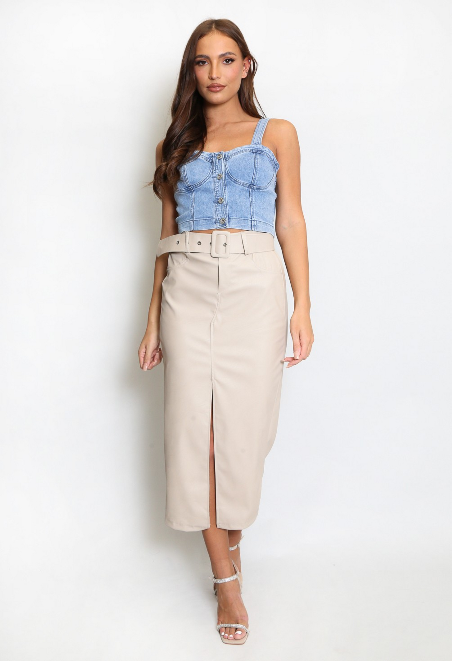 Faux Leather Belted Midi Skirt in Beige