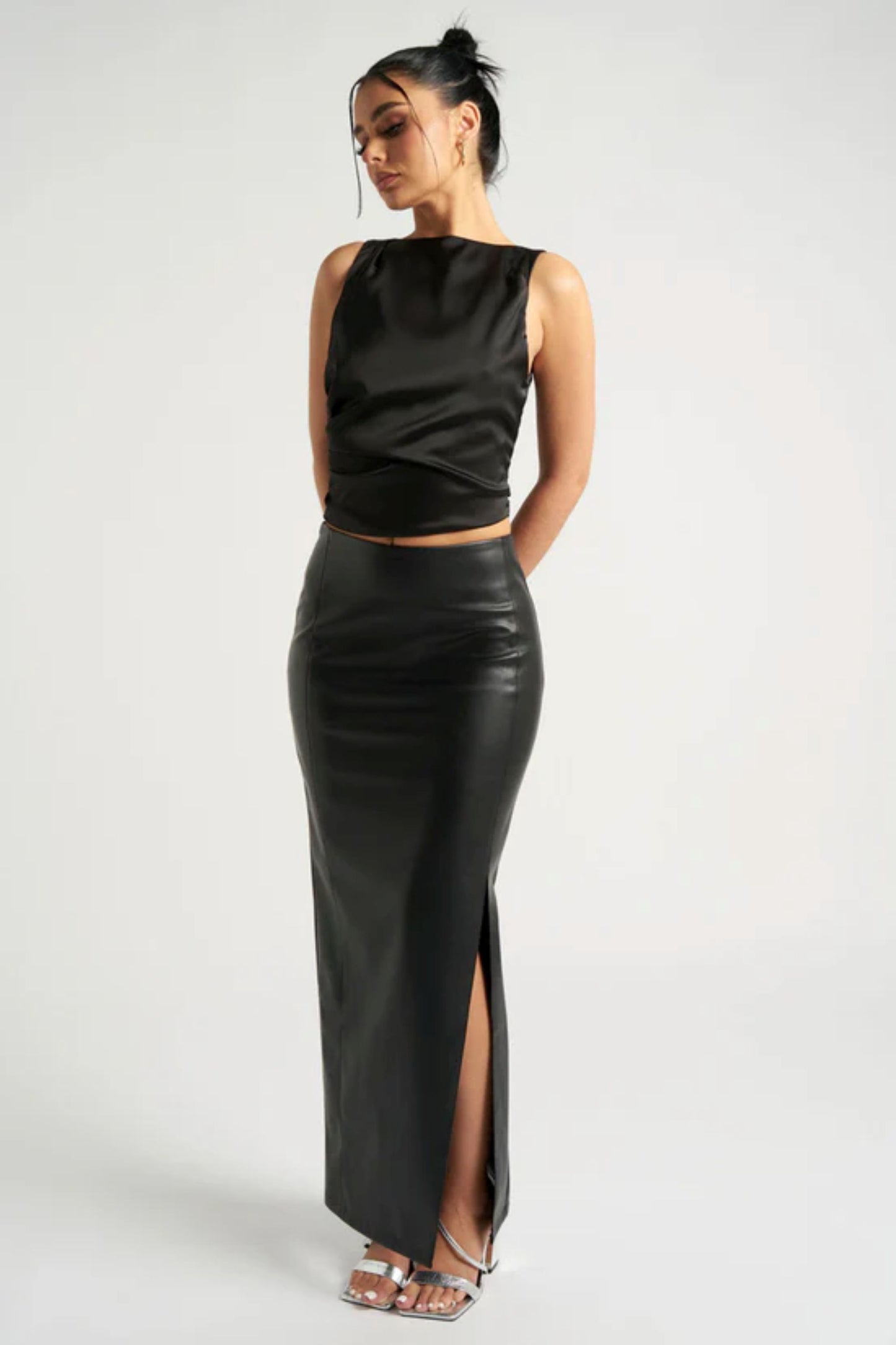 Black Maxi Side Split PU Skirt