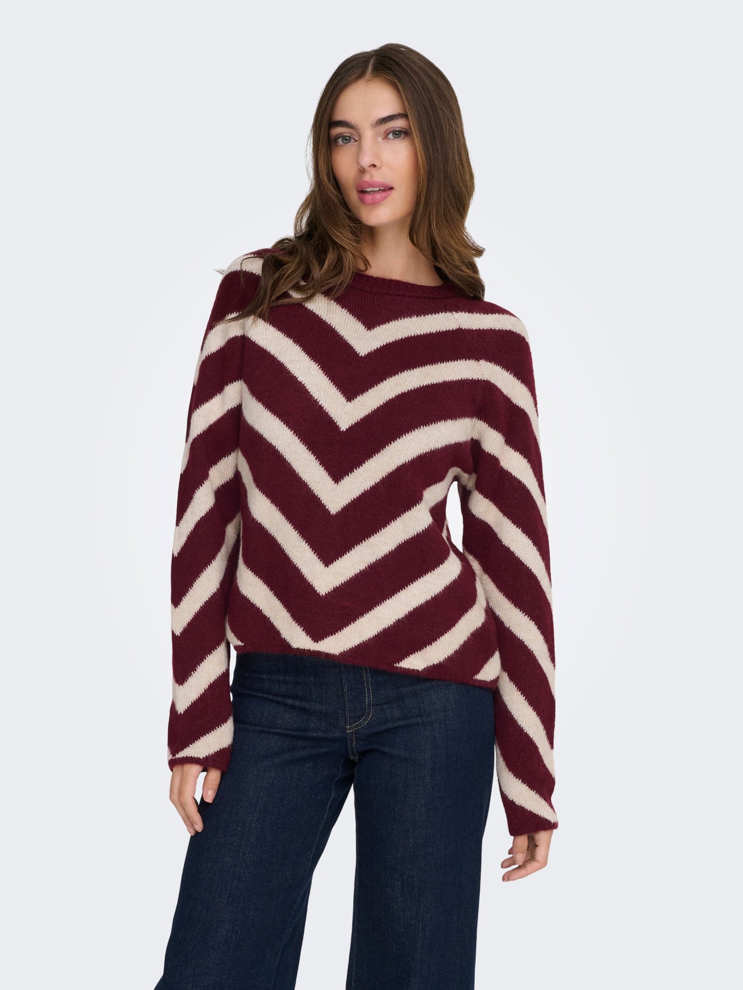 ONLY Burgundy & Cream V Stripe Jumper