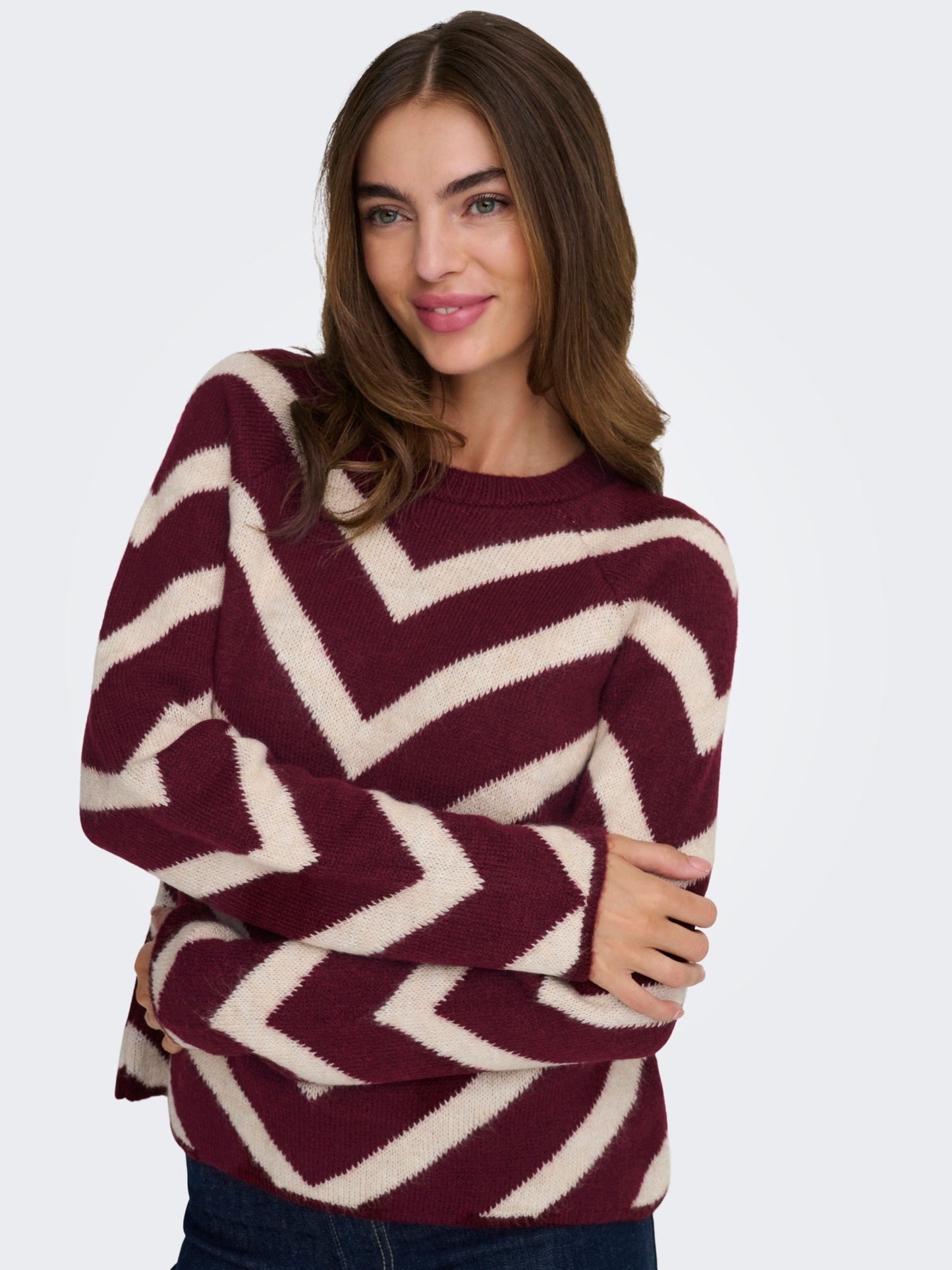 ONLY Burgundy & Cream V Stripe Jumper