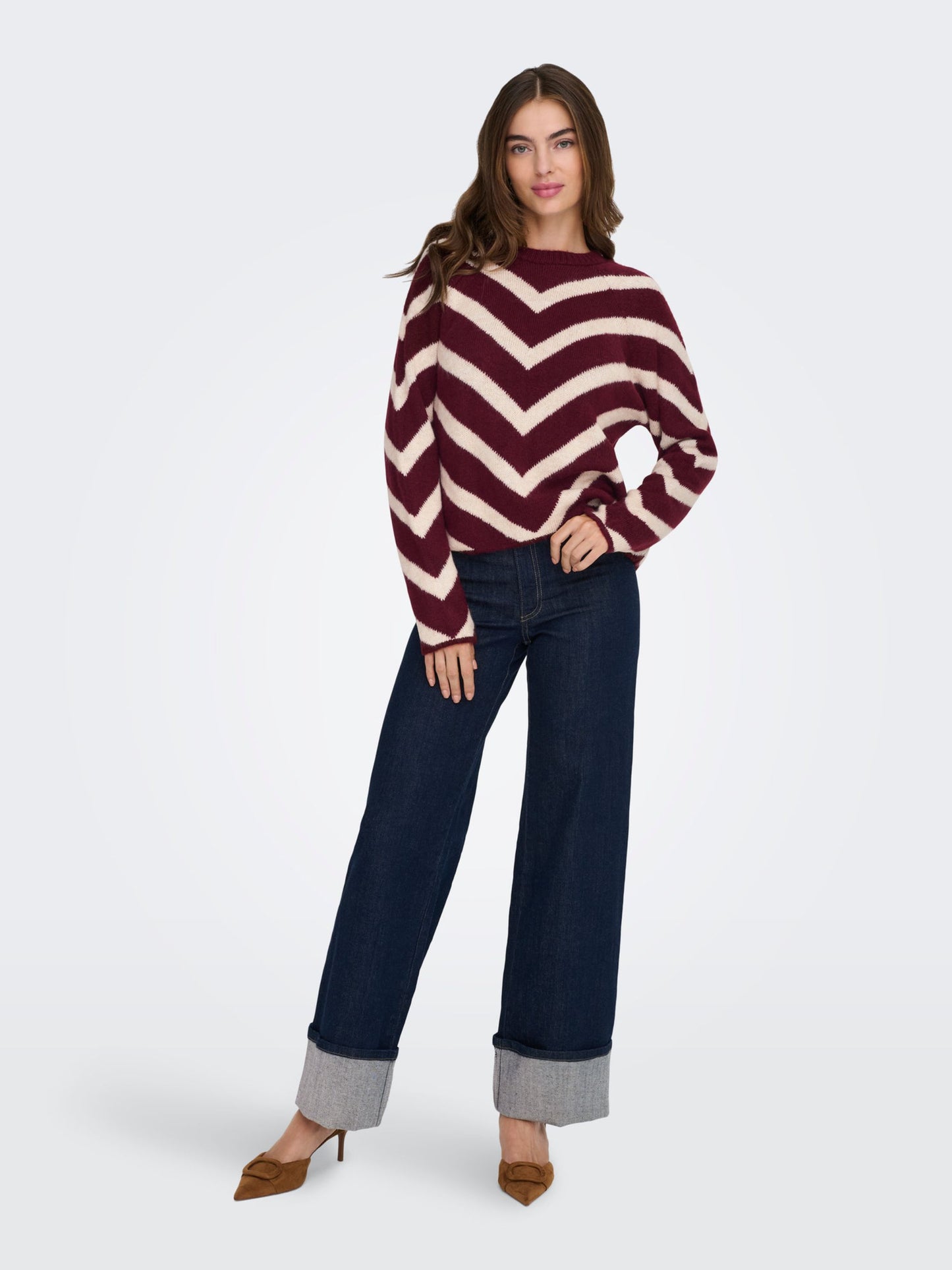 ONLY Burgundy & Cream V Stripe Jumper