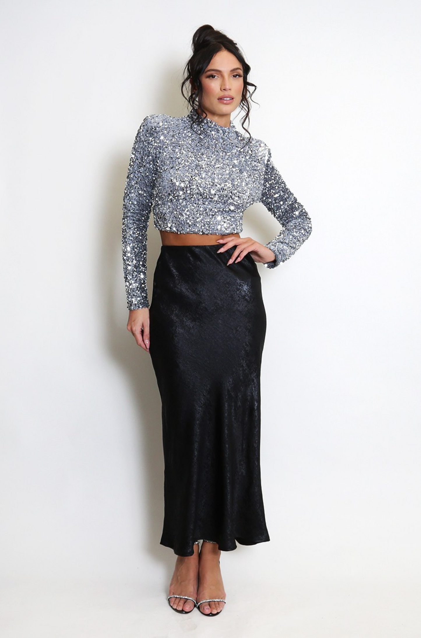 Black Foil Style Midi Skirt