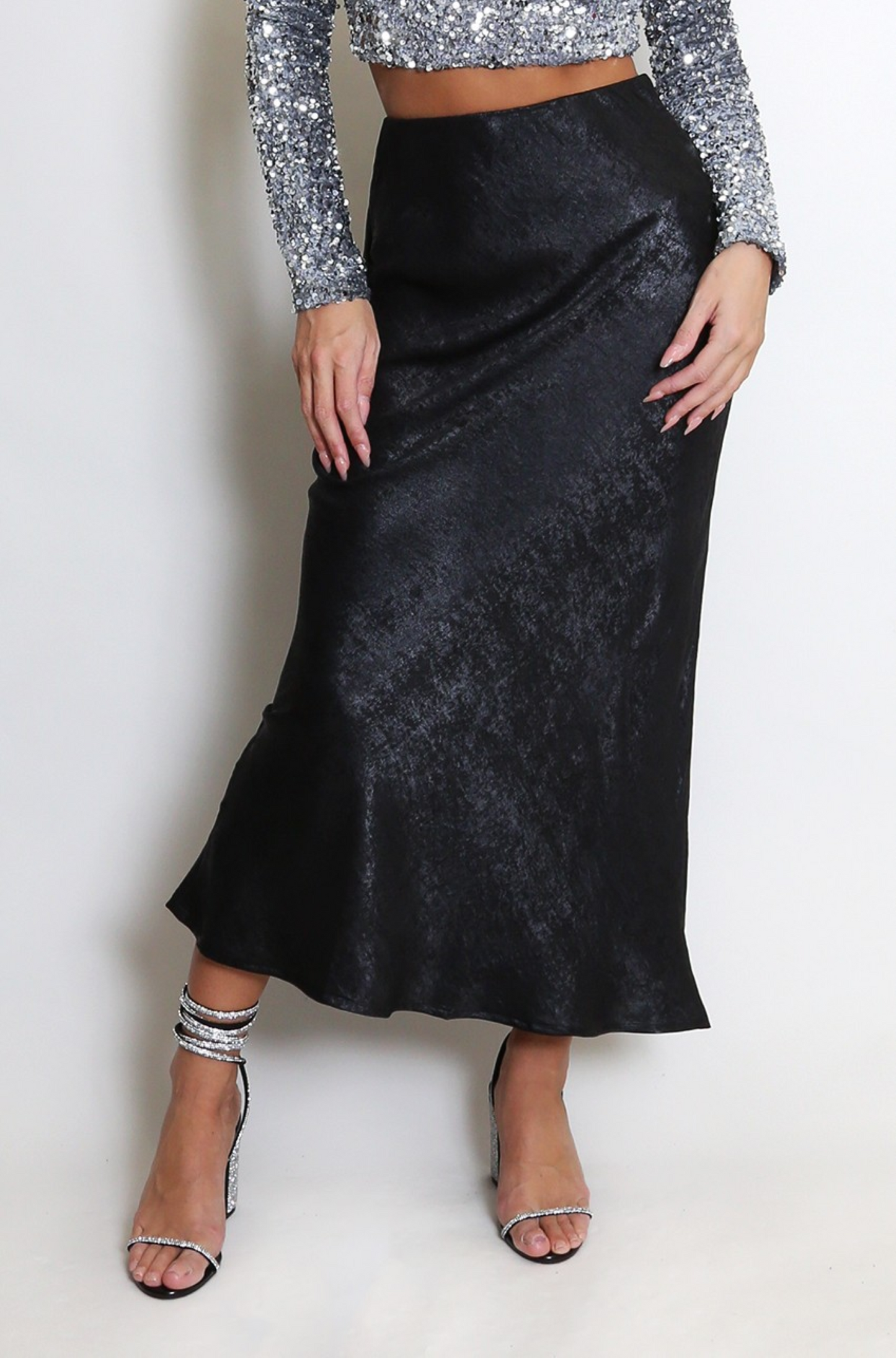 Black Foil Style Midi Skirt