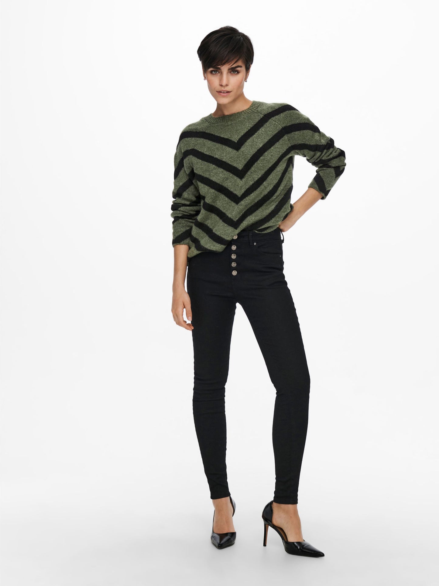 ONLY Khaki & Black V Stripe Jumper
