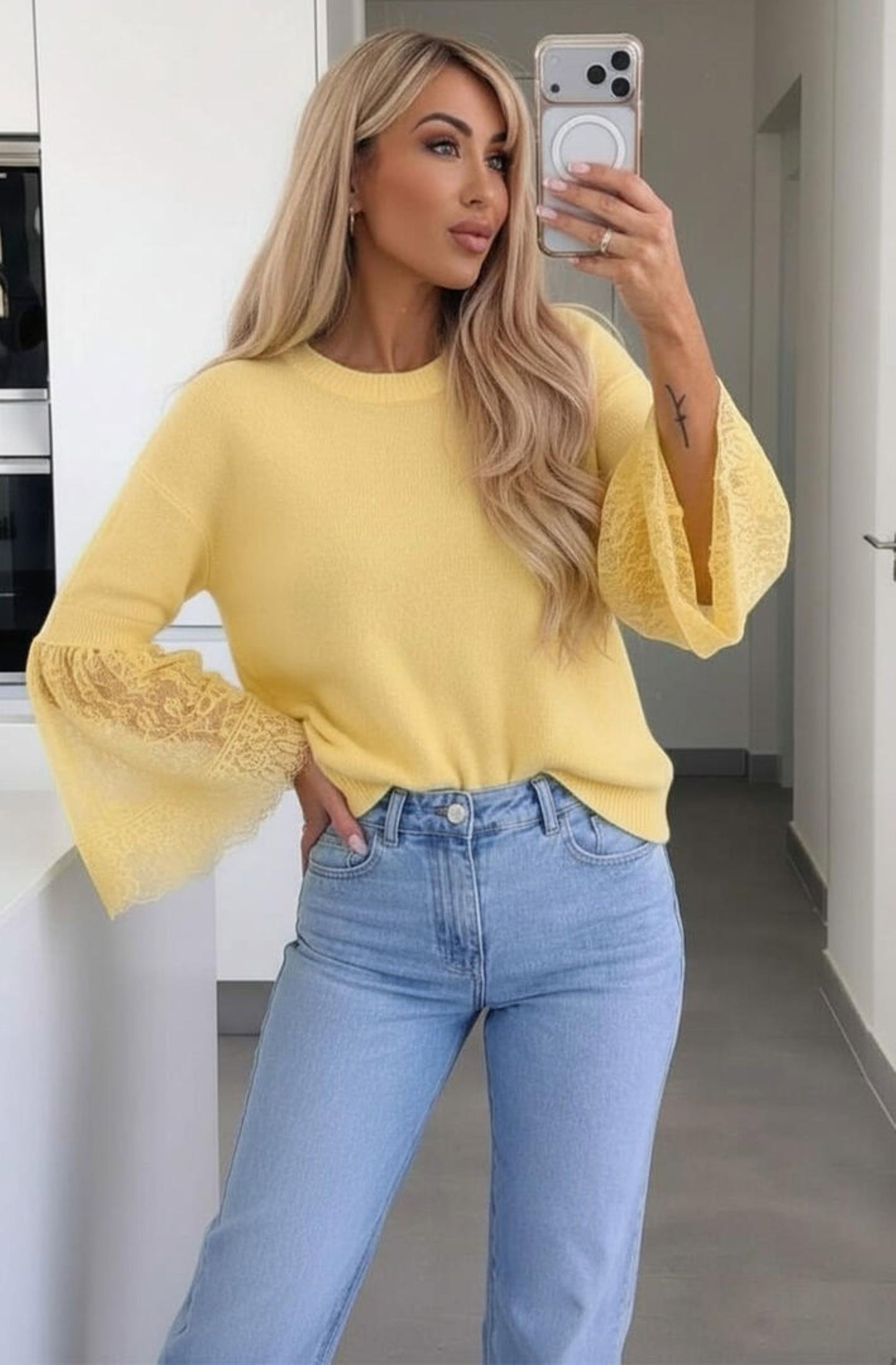 Alpaca Blend Lace Cuff Light Knitted Jumper in Yellow