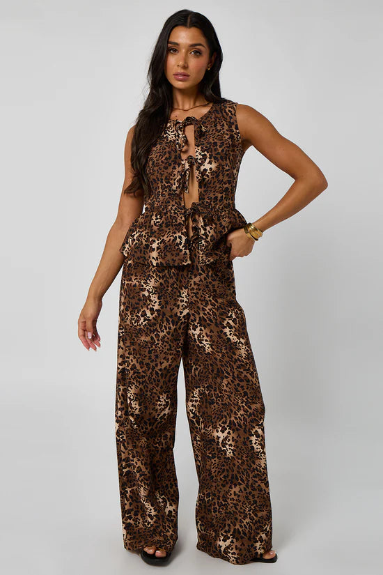 Leopard Linen Look Tie Front waistcoat