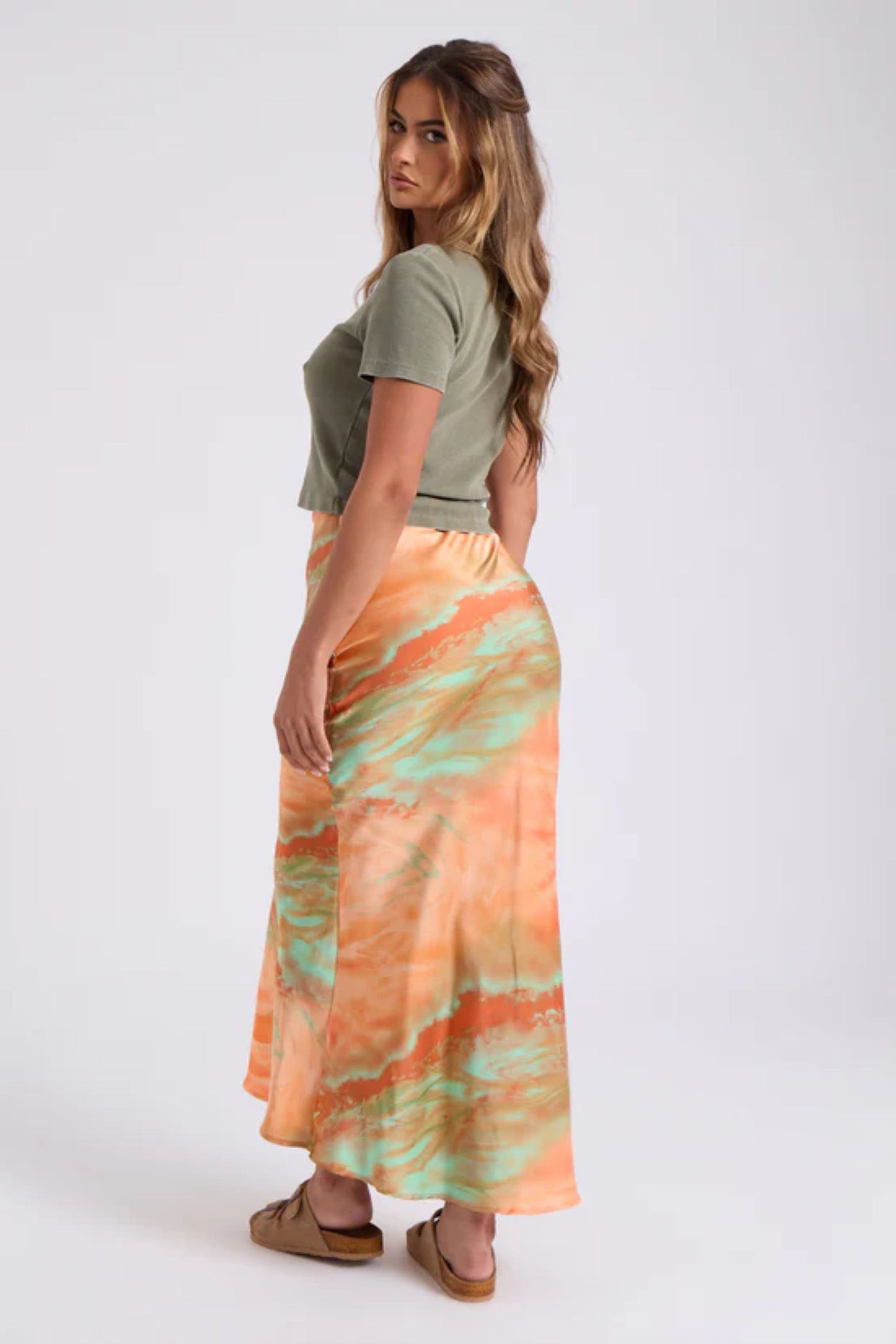 Orange Print Tie Dye Maxi Skirt