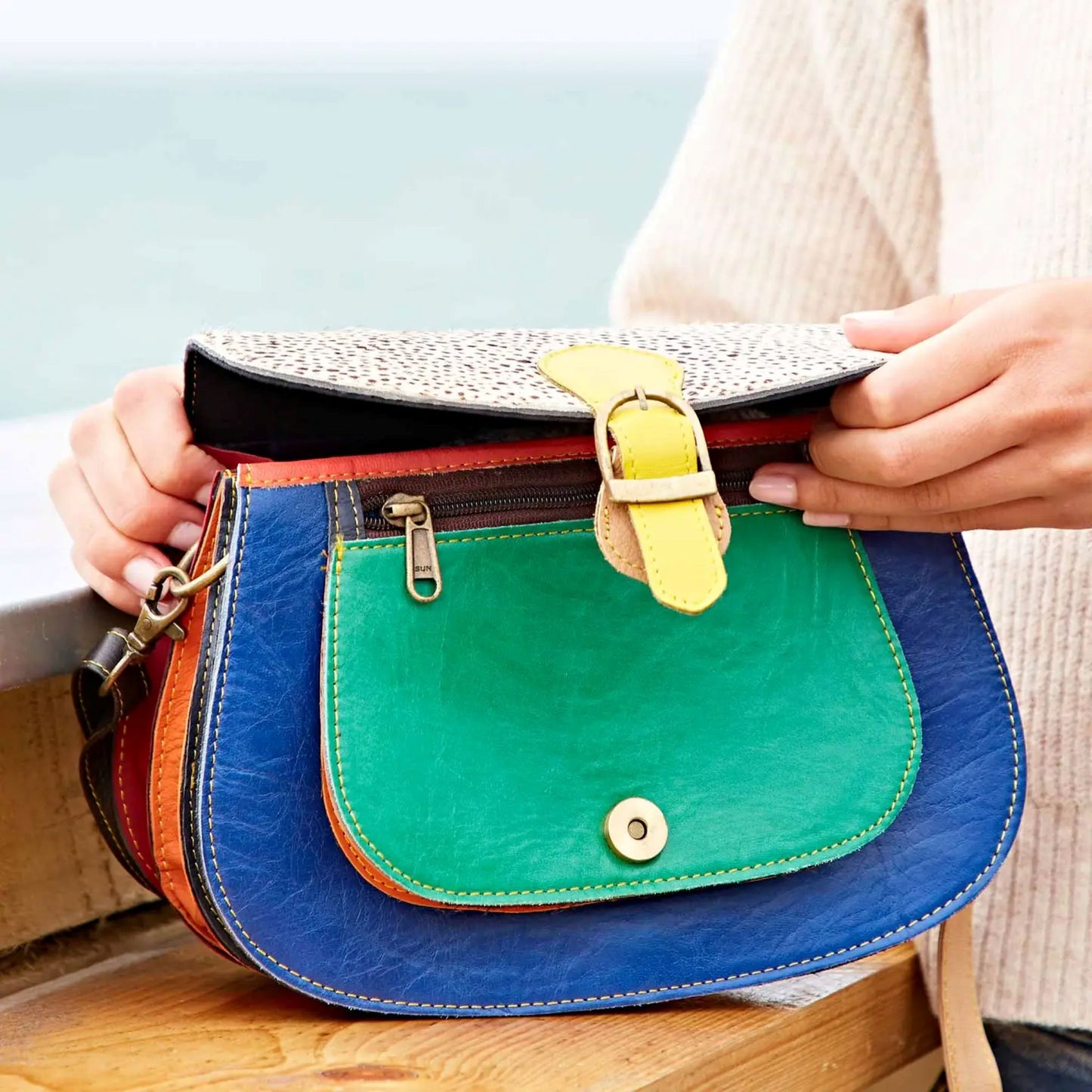 Recycled Leather Multicoloured Cross Body Bag (Handmade)