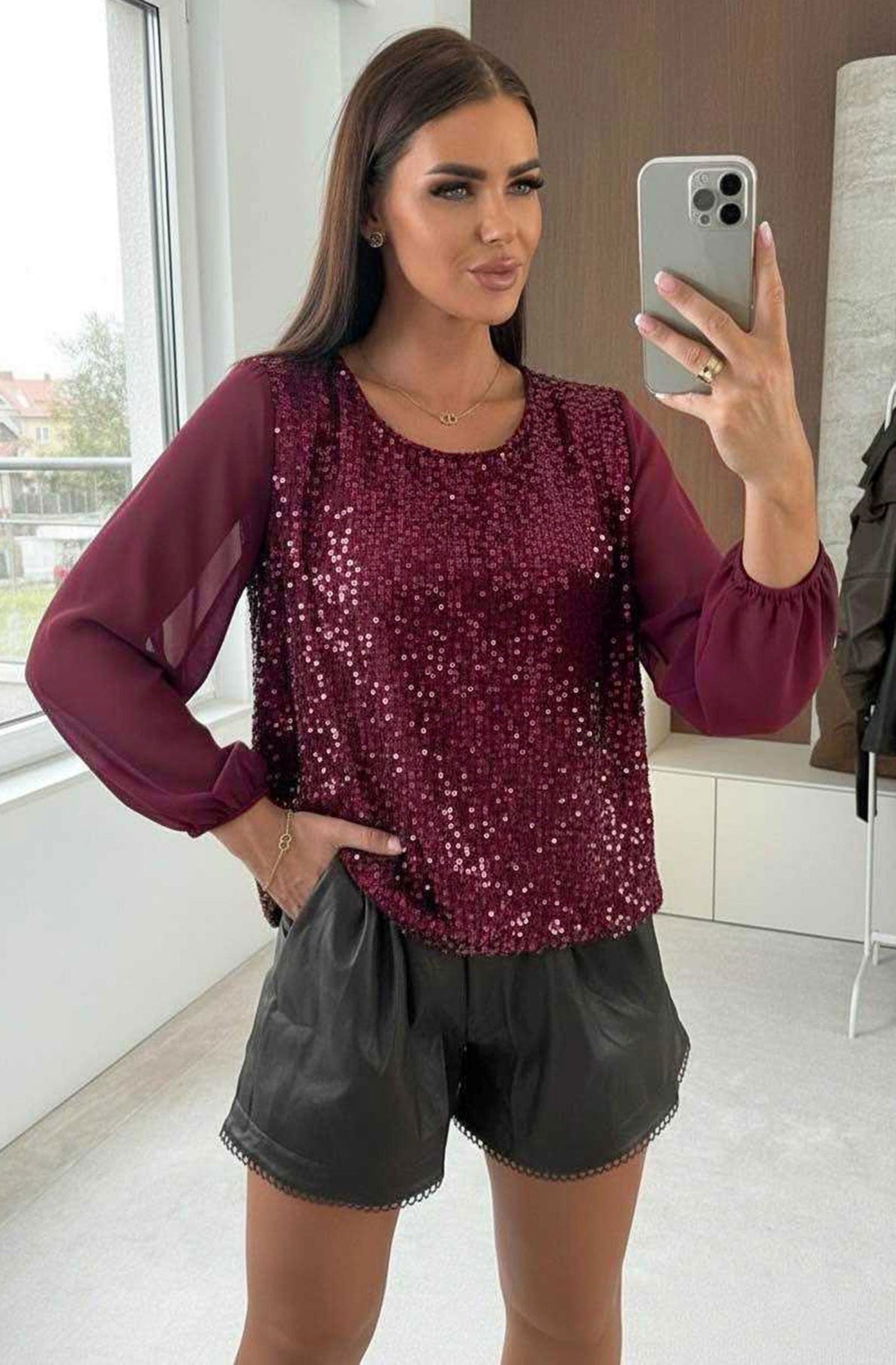 Sequin Front Panel Chiffon Top in Wine