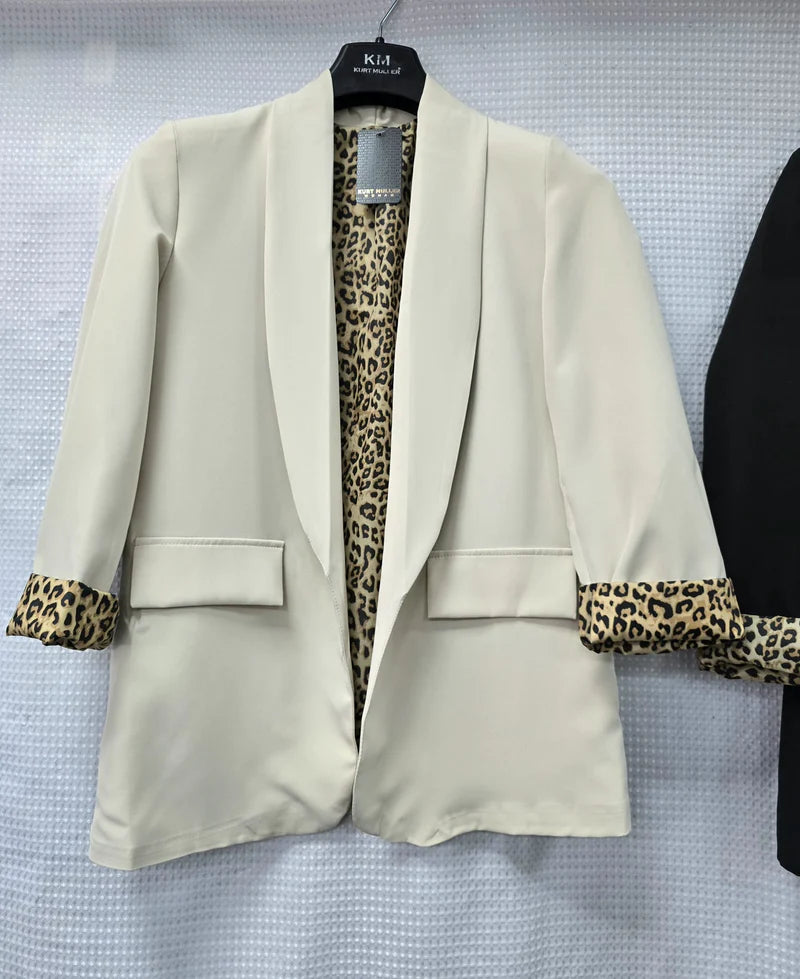 Leopard Trim Turn Up Sleeve Blazer in Beige