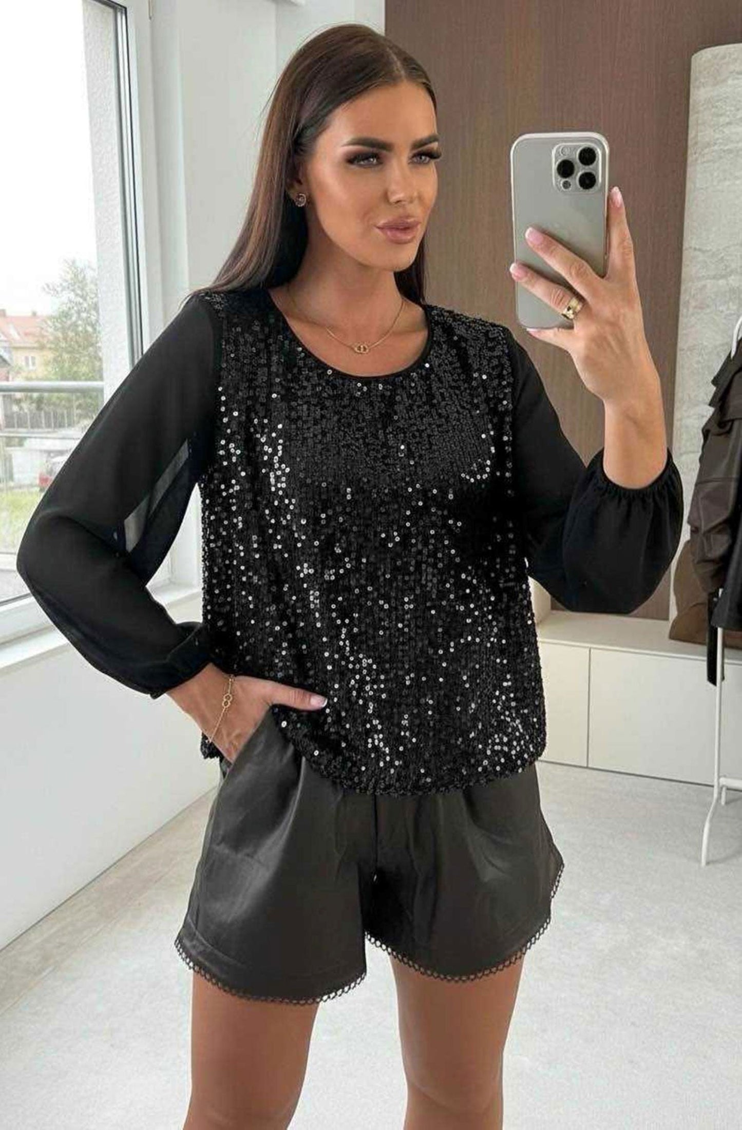 Sequin Front Panel Chiffon Top in Black