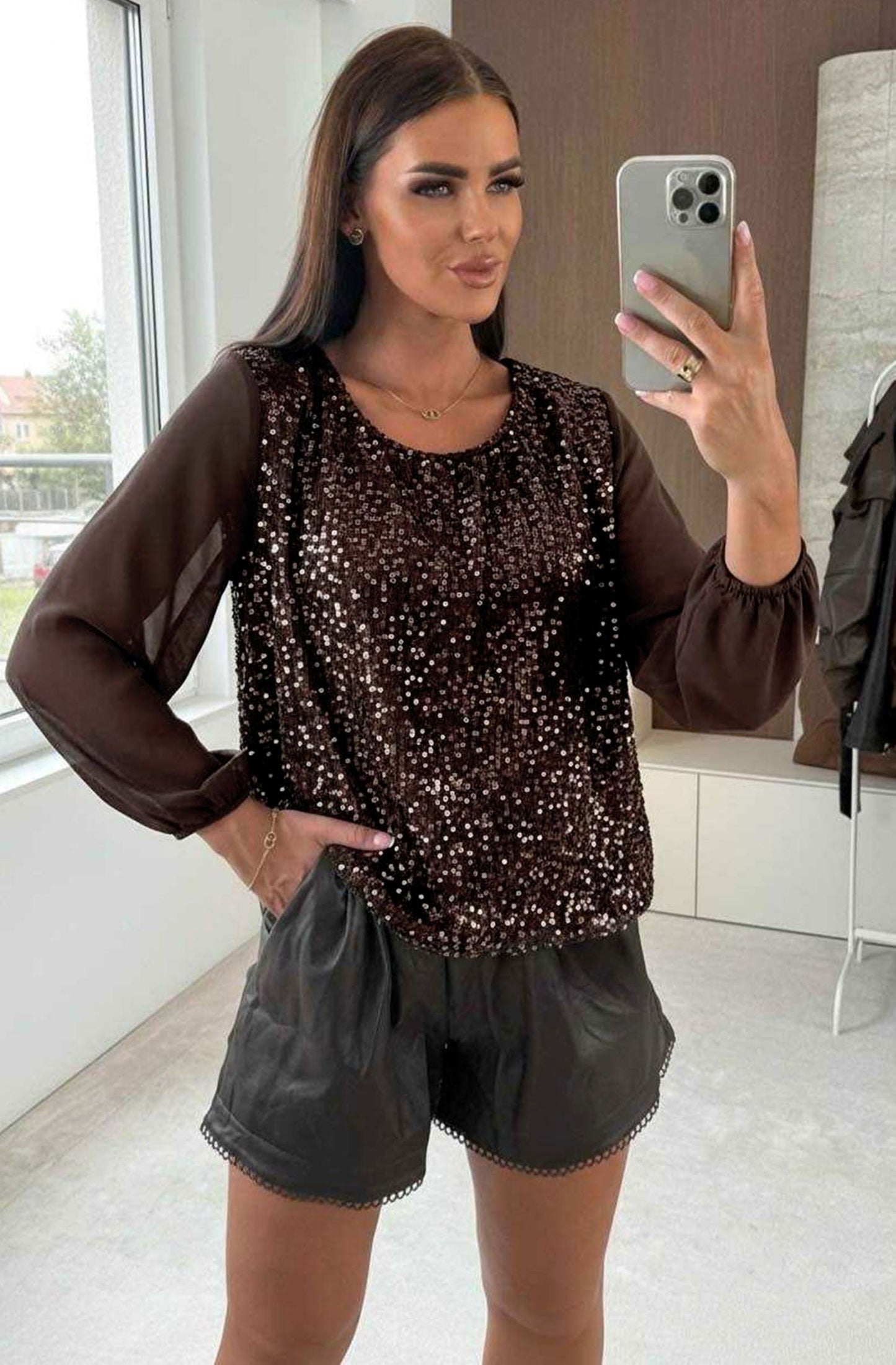 Sequin Front Panel Chiffon Top in Brown