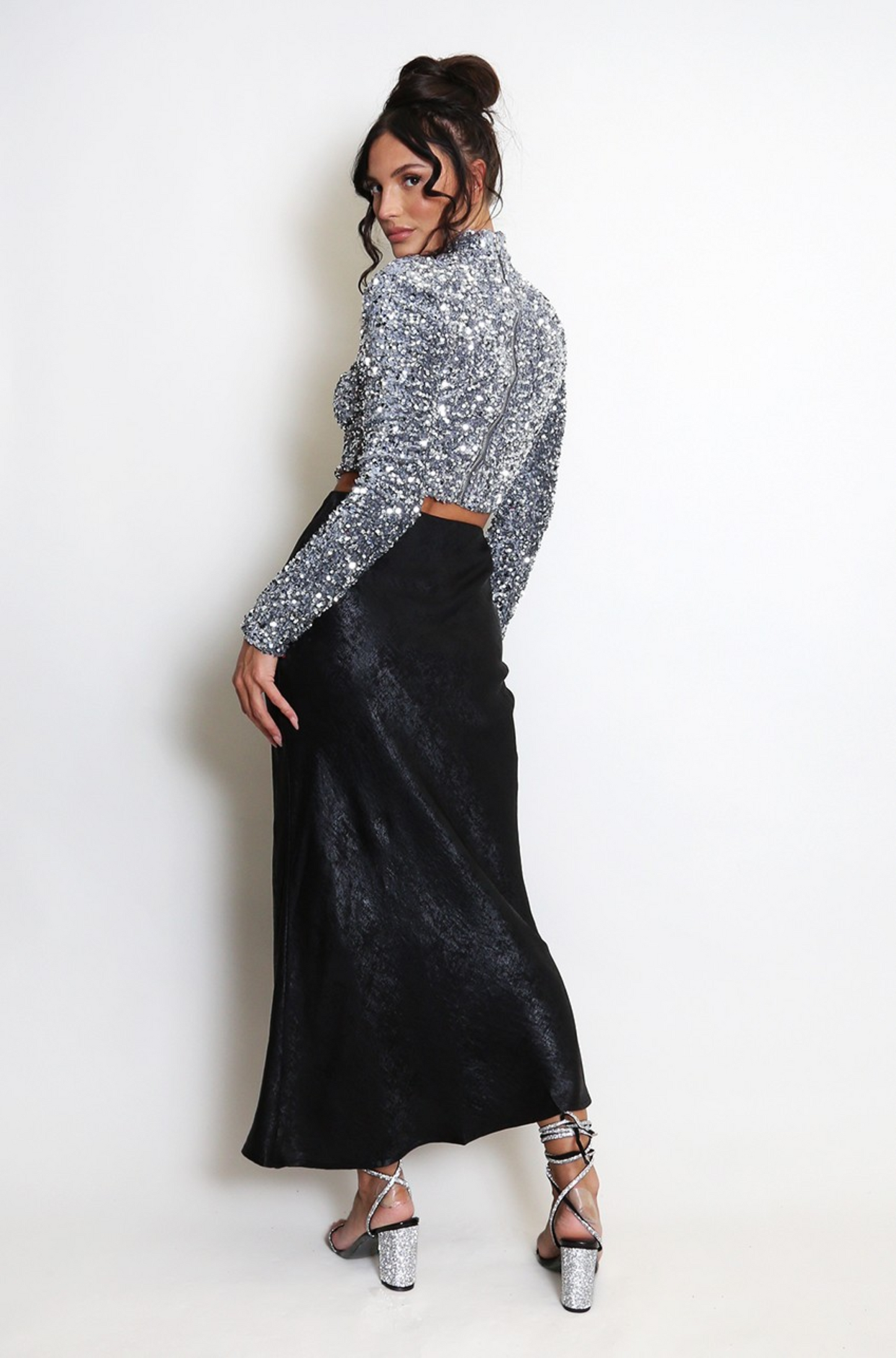 Black Foil Style Midi Skirt