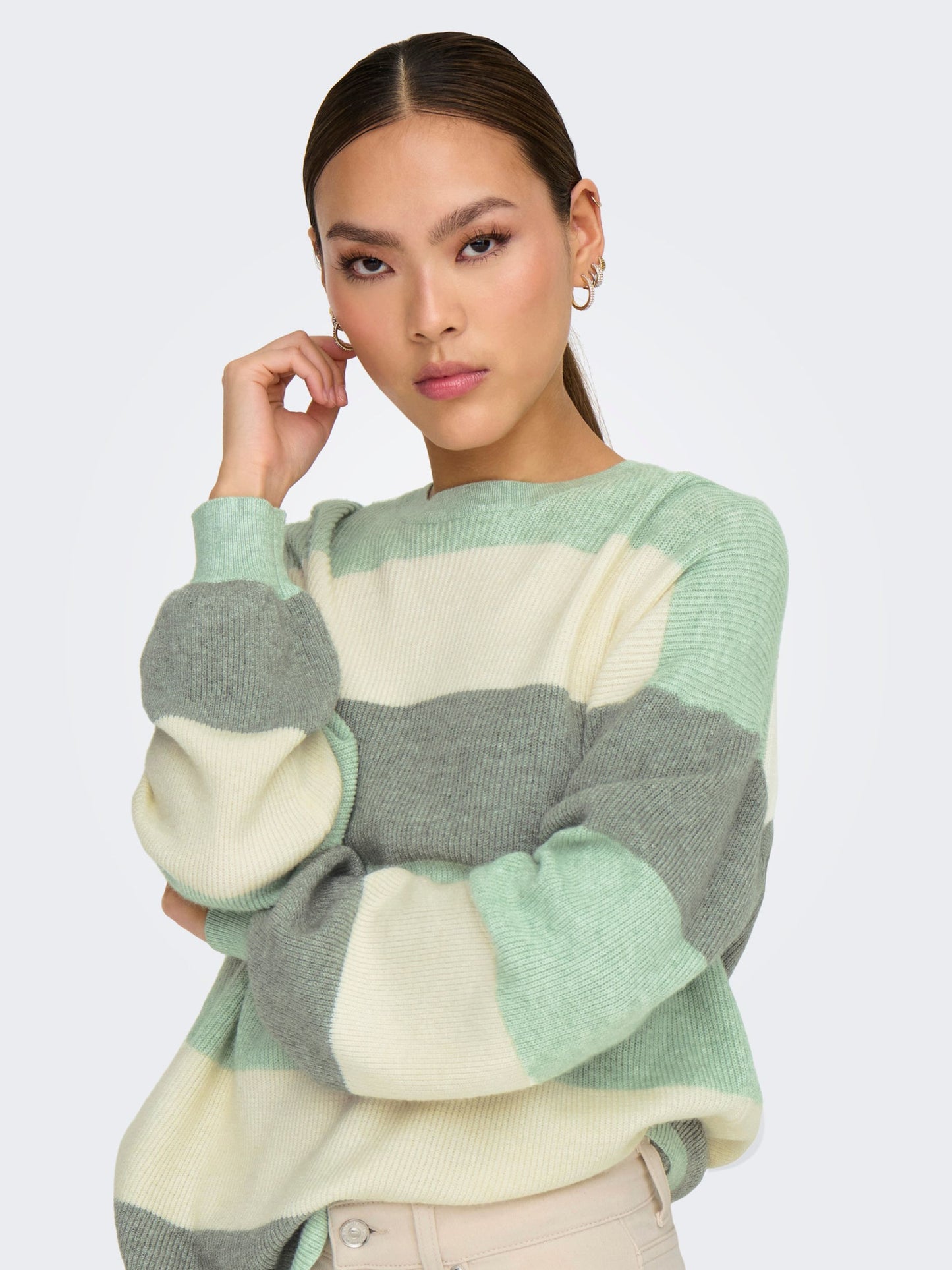 ONLY Knitted Stripe Jumper in Green