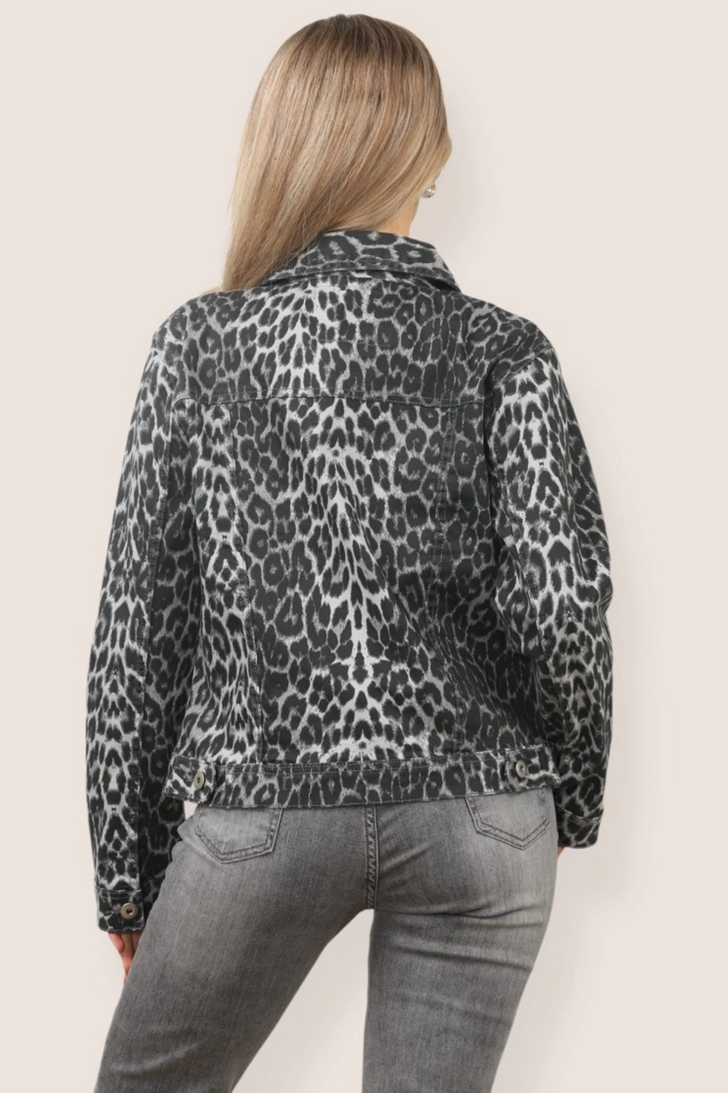 Grey Leopard Print Denim Cotton Stretch Jacket