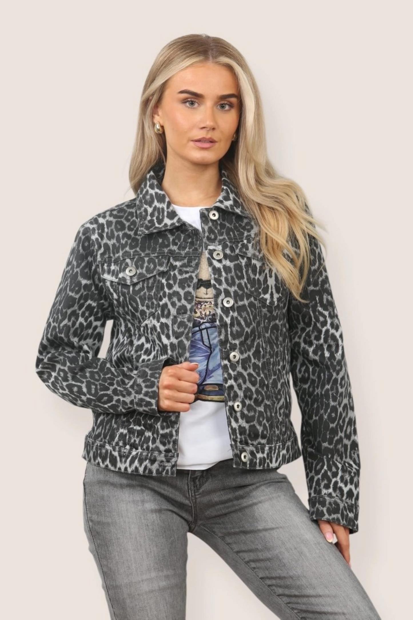 Grey Leopard Print Denim Cotton Stretch Jacket