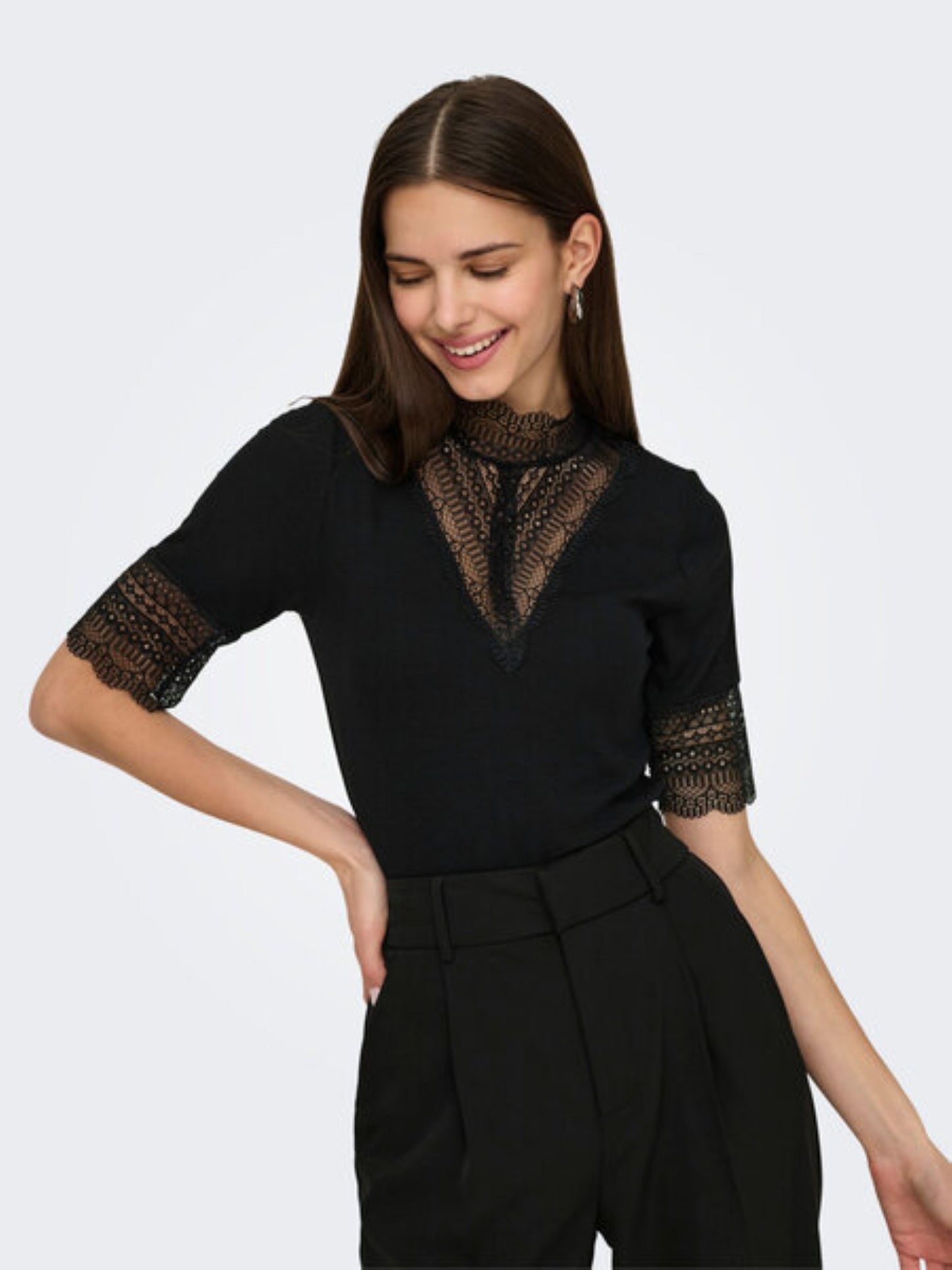 ONLY Short Sleeve Lace Top in Black