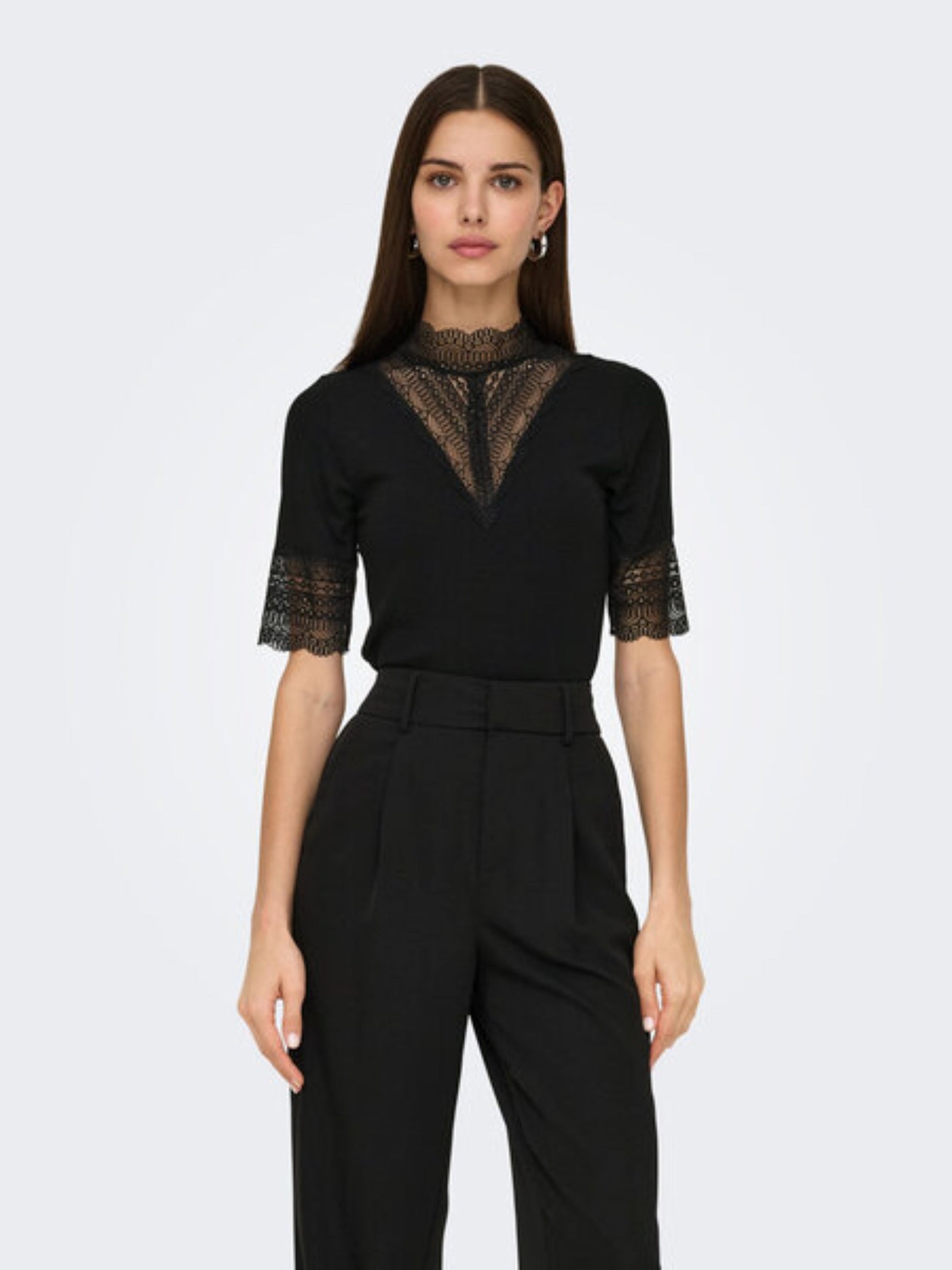 ONLY Short Sleeve Lace Top in Black