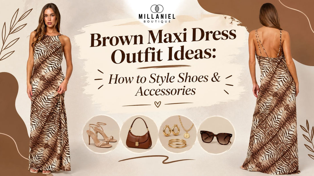 Brown maxi dress outfit ideas with shoes and accessories, featuring a stylish animal-print dress