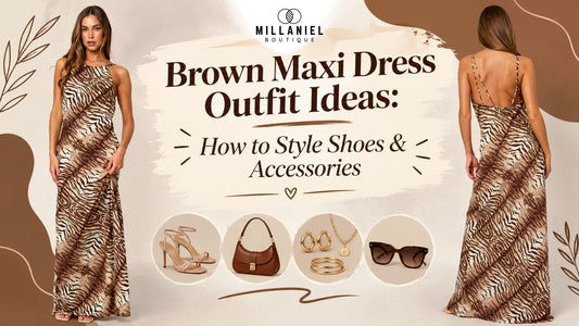 Brown maxi dress outfit ideas with shoes and accessories, featuring a stylish animal-print dress