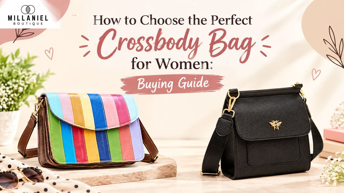 Colorful and black crossbody bags styled for a women’s fashion buying guide, with the title “How to Choose the Perfect Crossbody Bag for Women