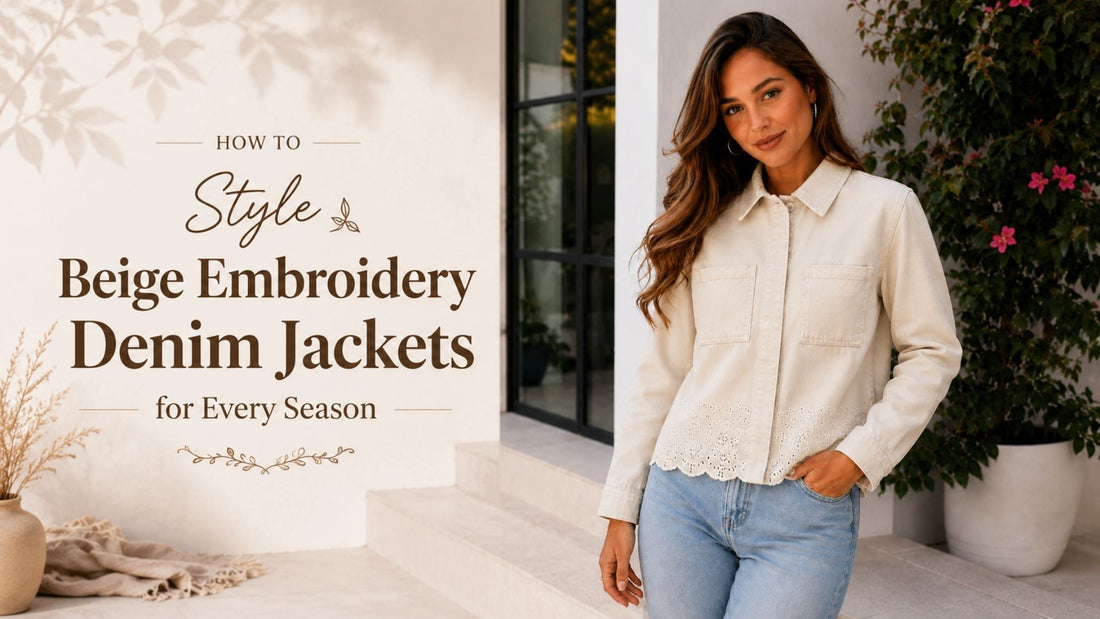 Beige embroidered denim jacket styled with light blue jeans for a chic everyday look.