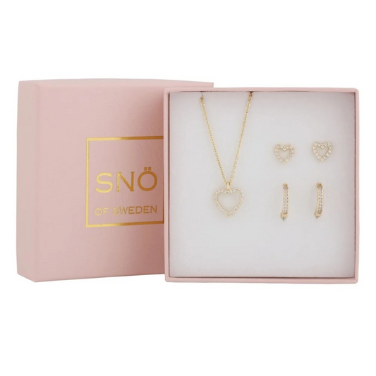 Sno of Sweden Gold Heart Cubic Zirconia Necklace and Earrings Set - 1332-0300