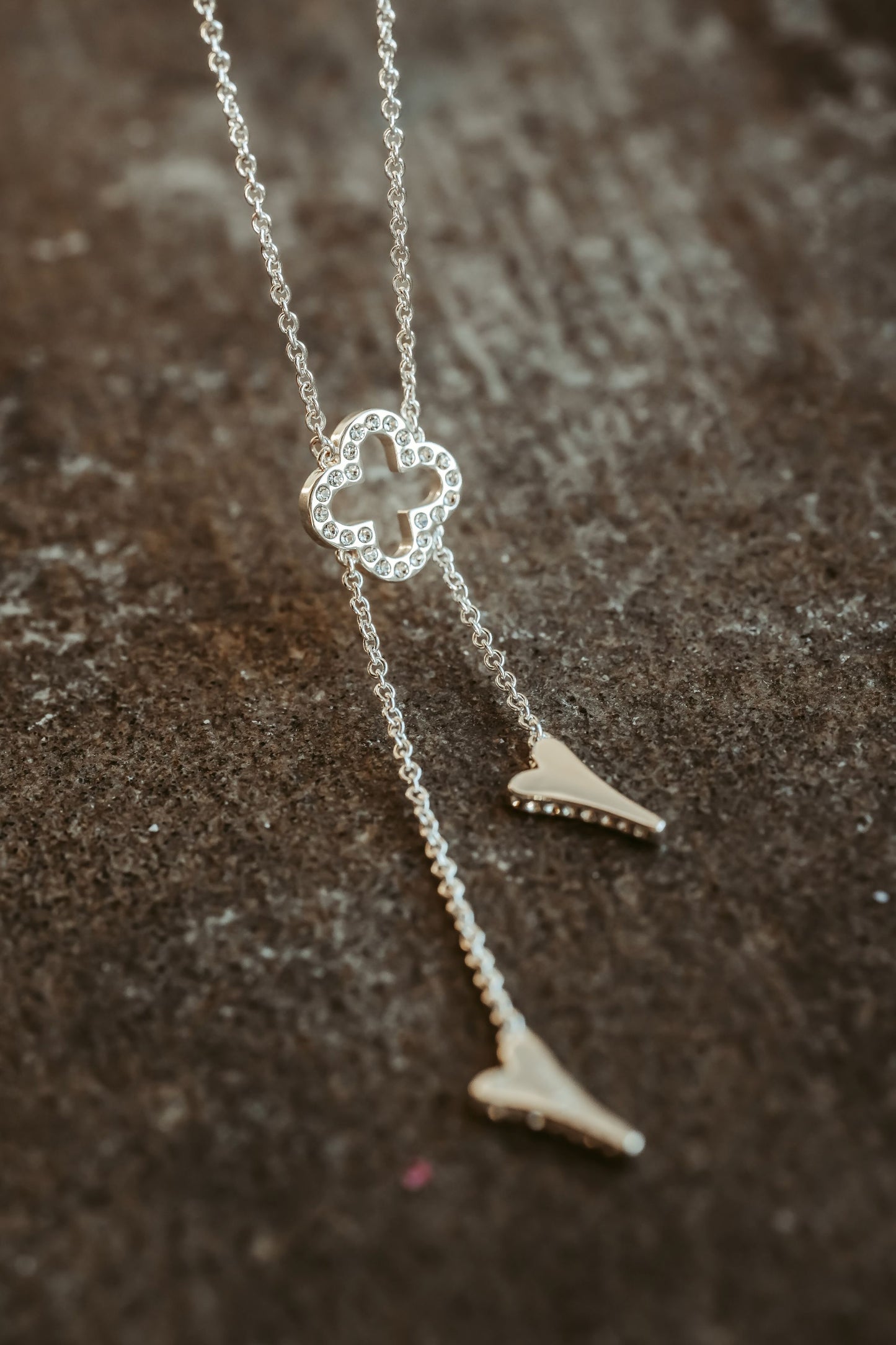 Miss Dee Silver Mid Length Cubic Zirconia Clover Necklace with Small Hearts - 1900230