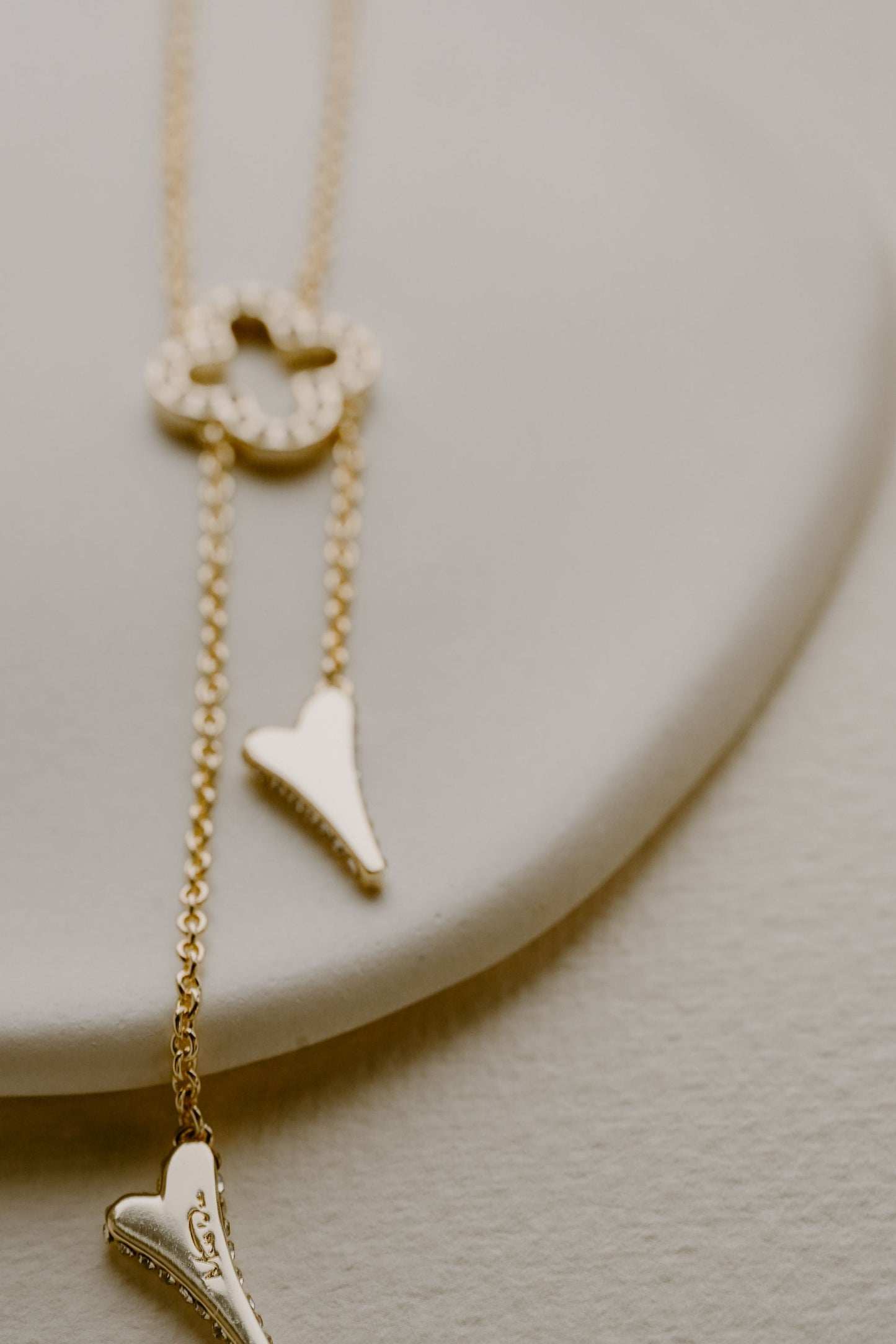 Miss Dee Gold Mid Length Cubic Zirconia Clover Necklace with Small Hearts - 1900231