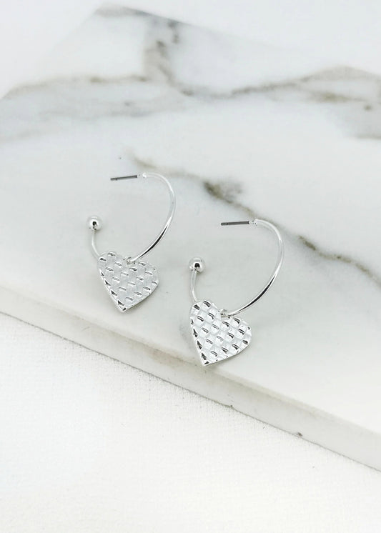 Envy Silver Hoop with Textured Heart Charm Earring