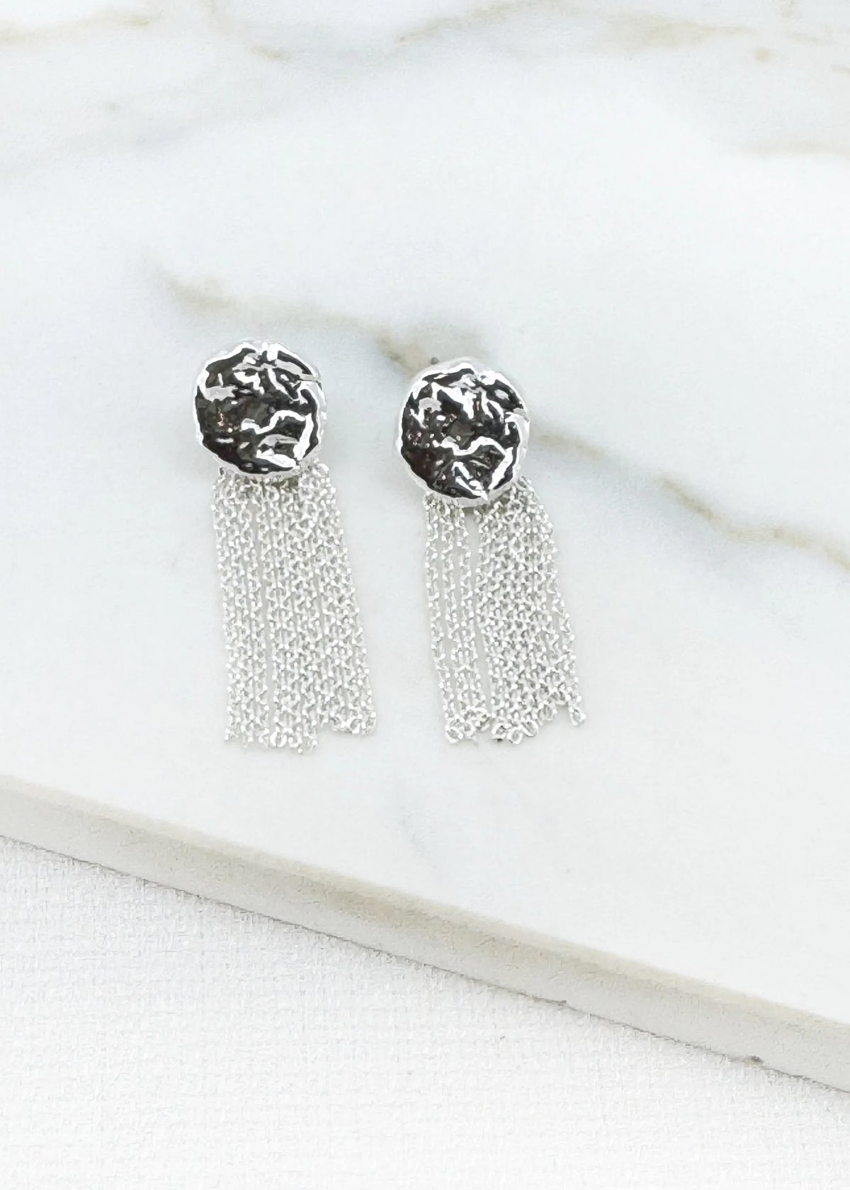 Envy Silver Hammered Disc and Tassel Chain Earring
