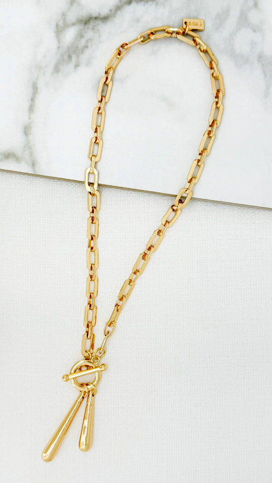 Envy Gold Short Link Necklace with T-Bar and Tear Drop Pendants