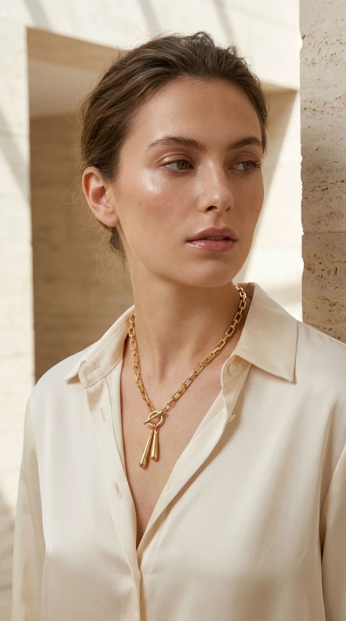 Envy Gold Short Link Necklace with T-Bar and Tear Drop Pendants