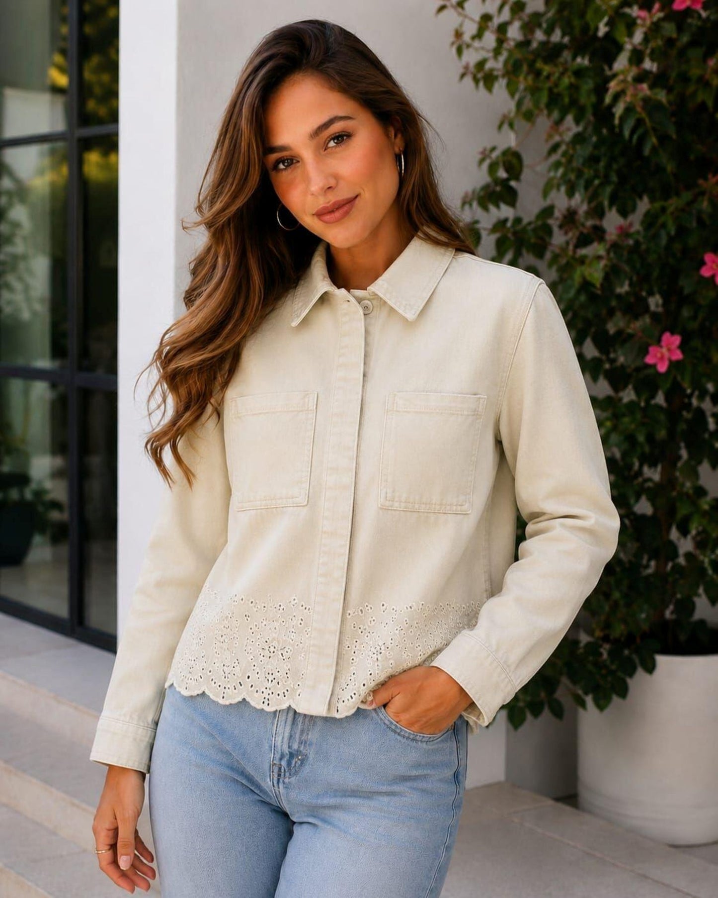 Beige Embroidery Denim Jacket