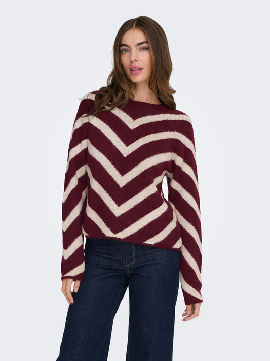 ONLY Burgundy & Cream V Stripe Jumper