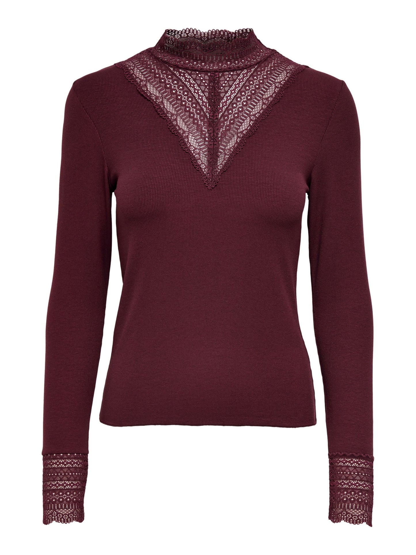 ONLY Long Sleeve Lace Top in Burgundy (Port Royale)