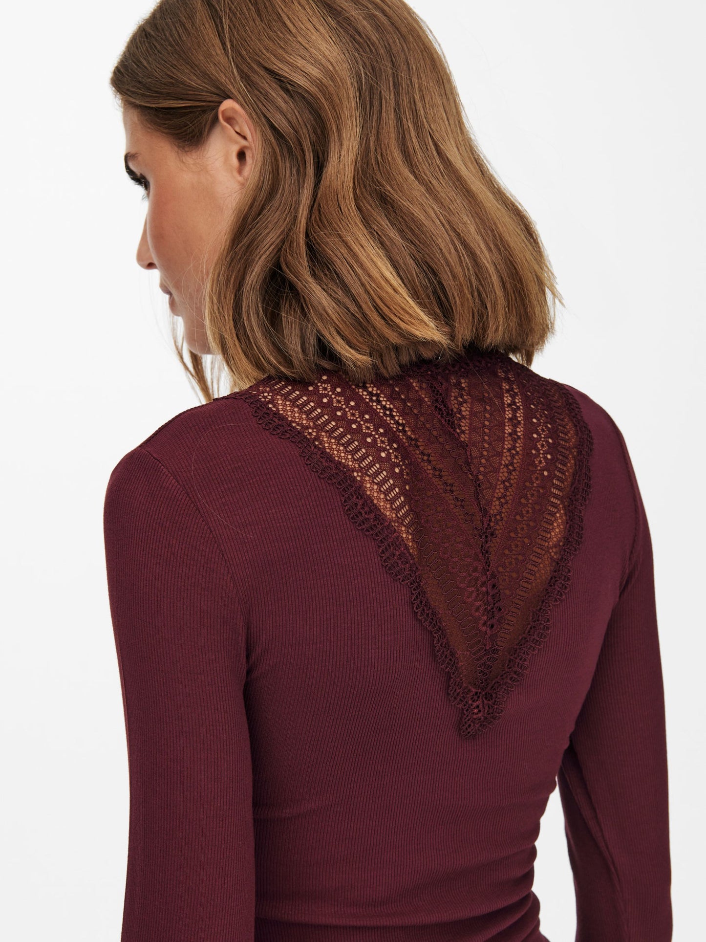 ONLY Long Sleeve Lace Top in Burgundy (Port Royale)