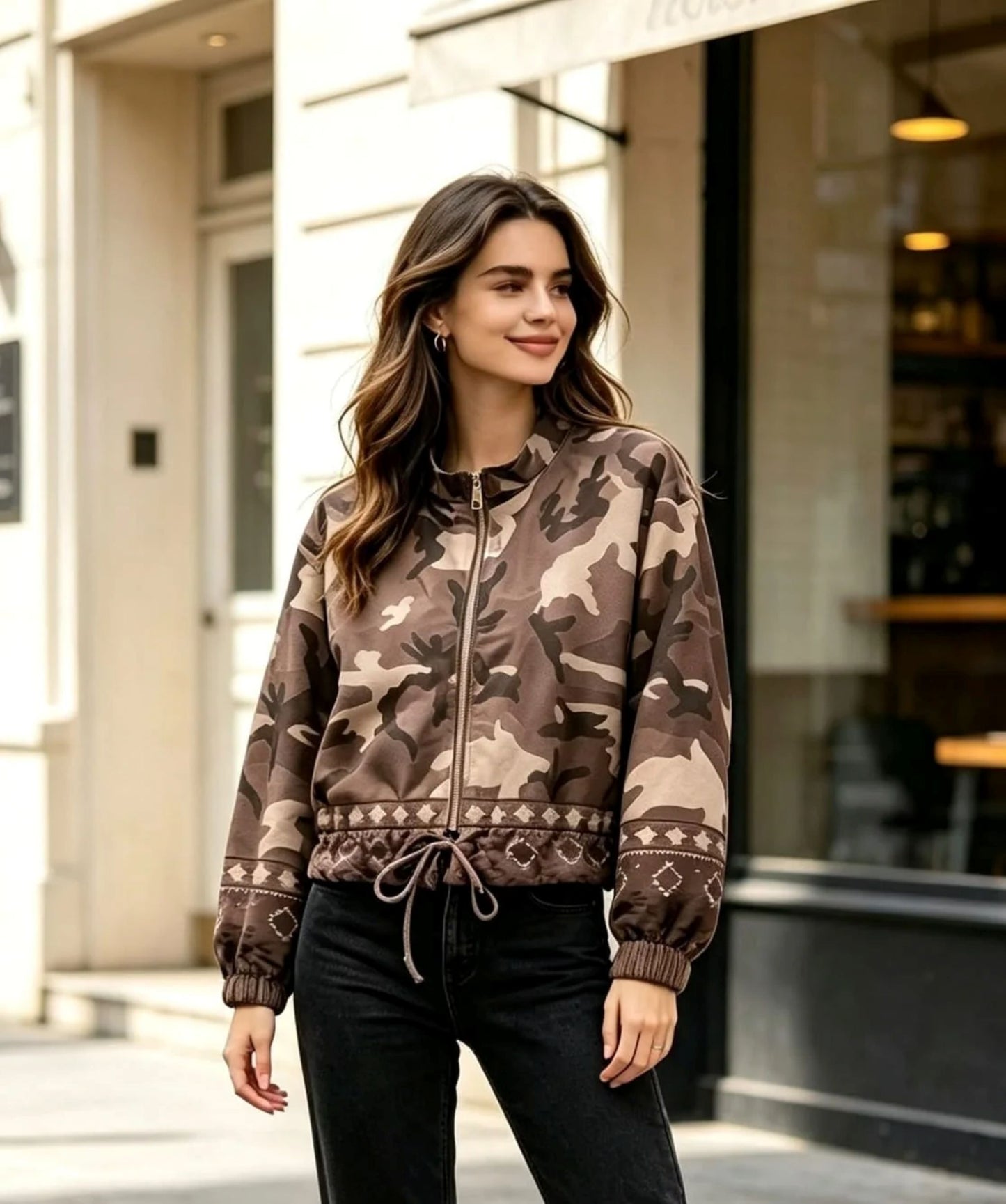 Suedette Camouflage Zip Bomber Jacket