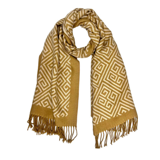 Cashmere Blend Beige Maze Print Scarf with Tassels