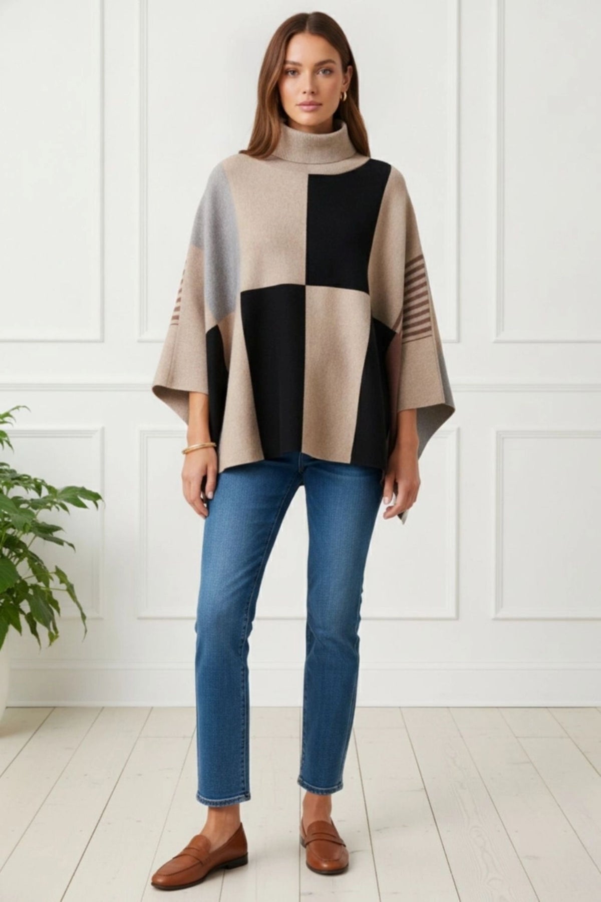 Colour Block Roll Neck Knit Poncho