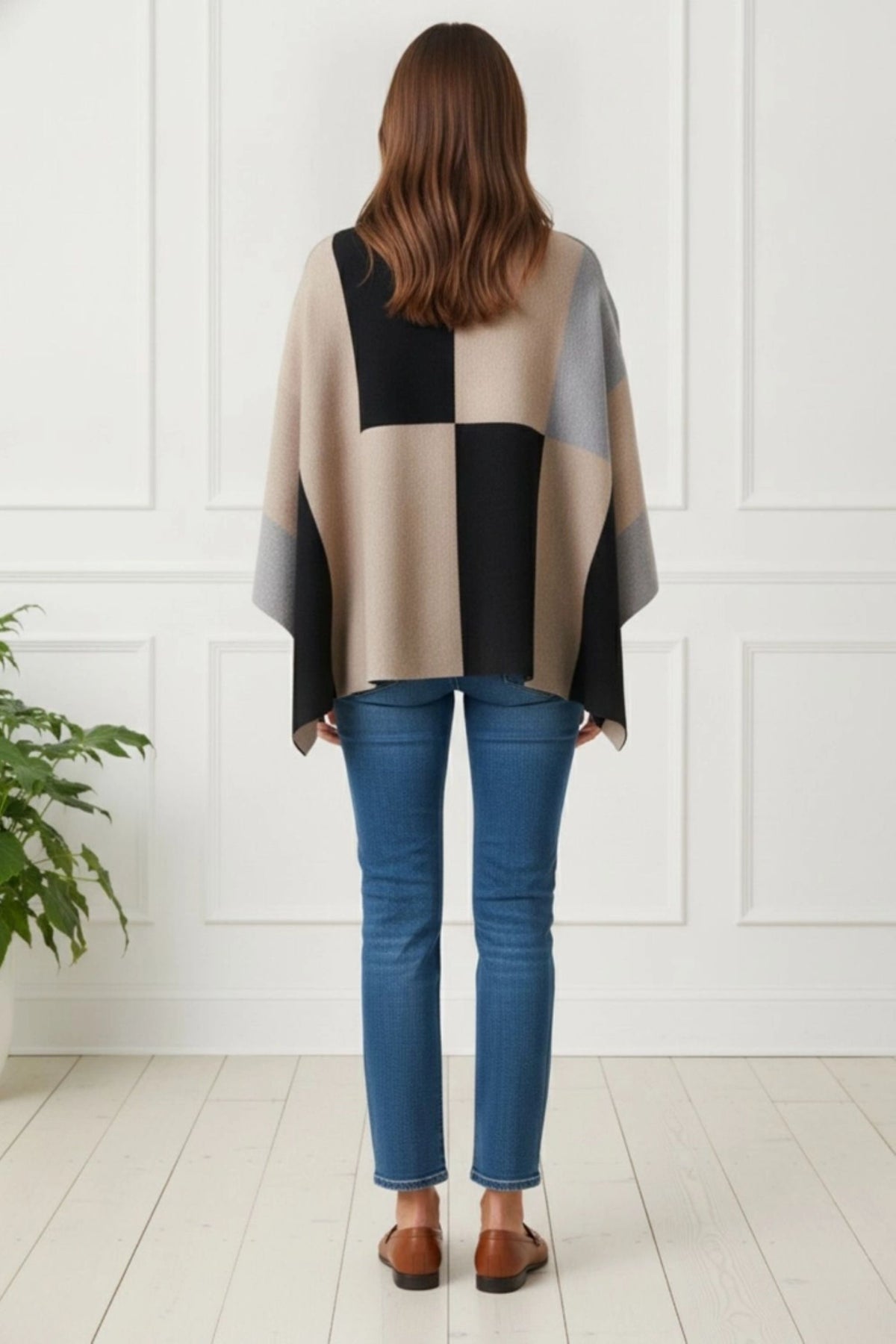 Colour Block Roll Neck Knit Poncho