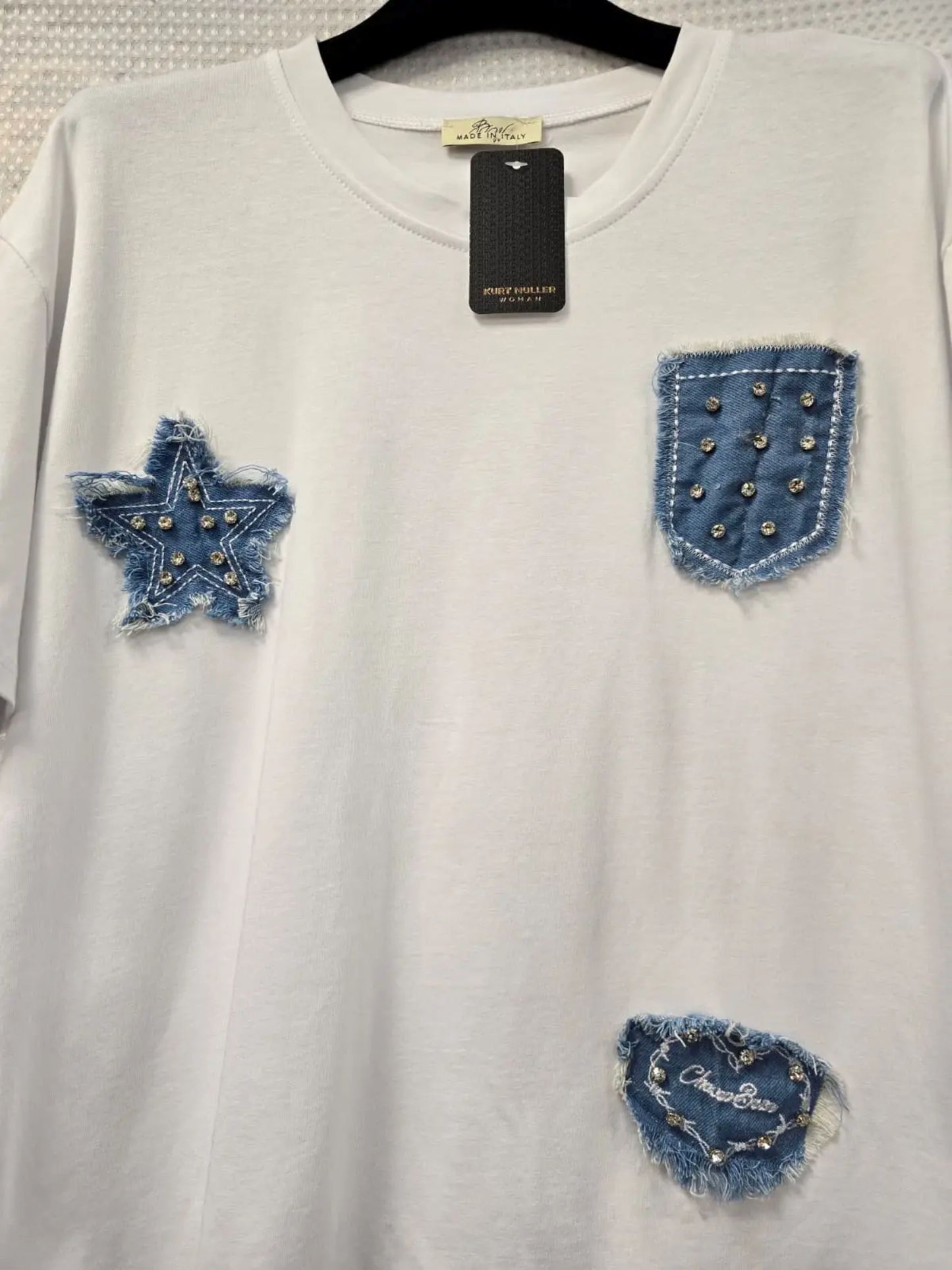 Cotton Crystal Stud Denim Patch T-Shirt