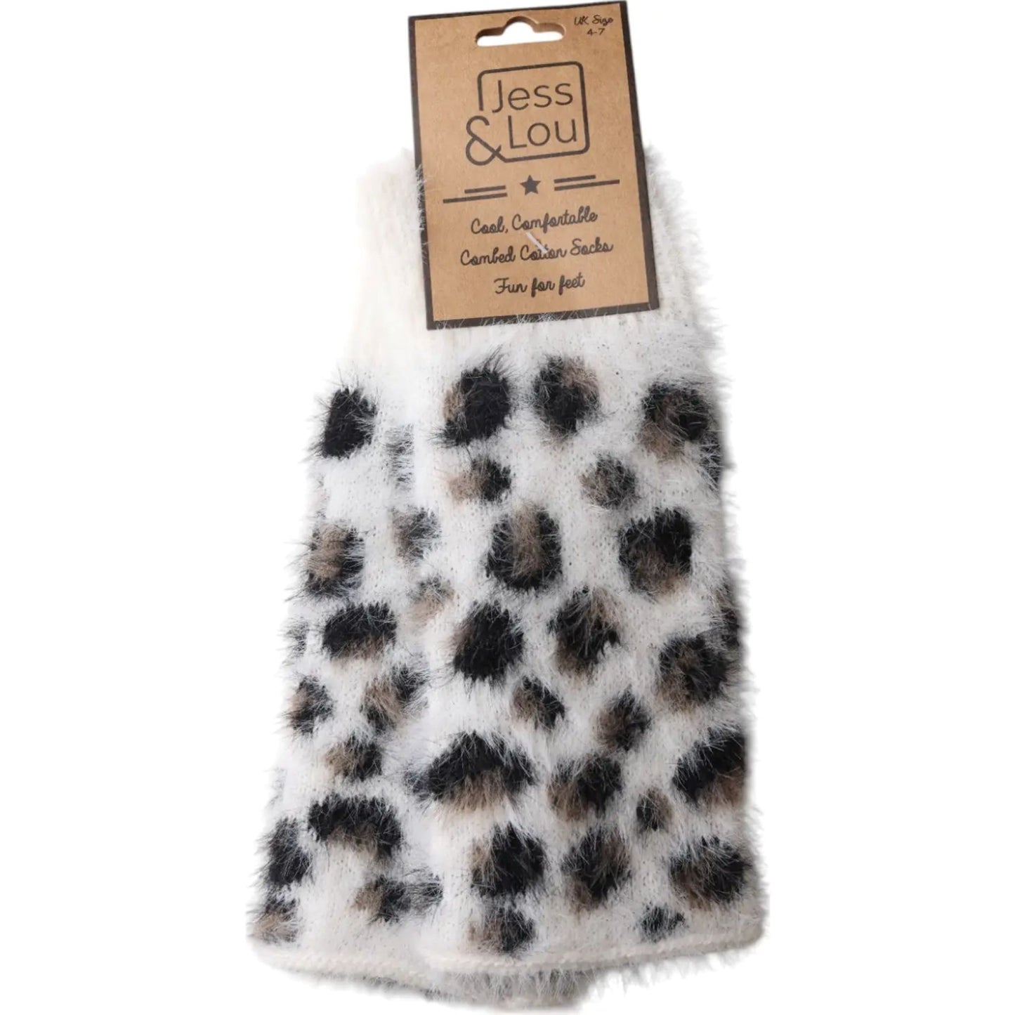 Cream Leopard Fluffy Knit Fingerless Gloves