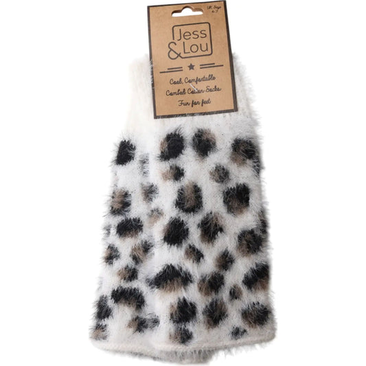 Cream Leopard Fluffy Knit Fingerless Gloves