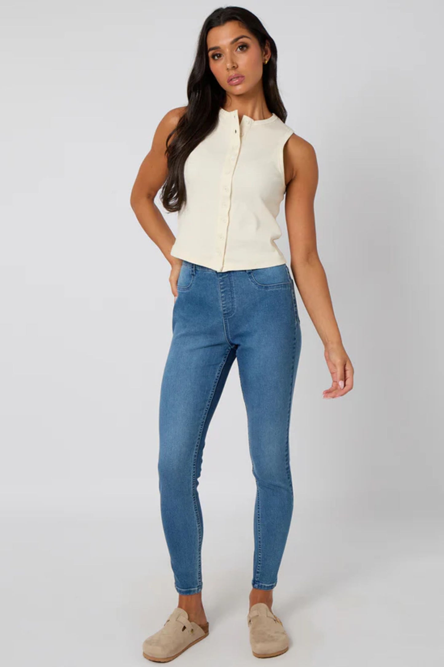 Cream Sleeveless Button Front Top