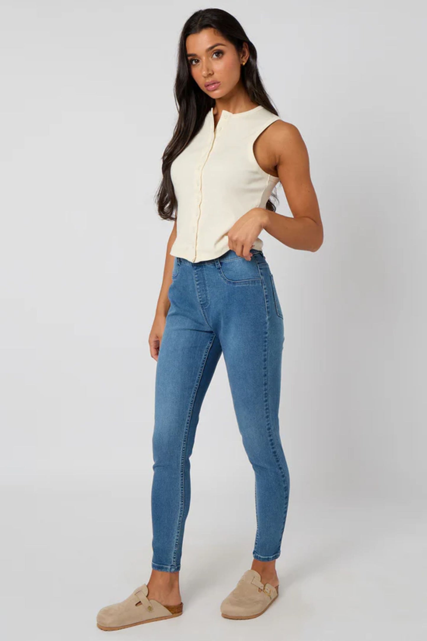 Cream Sleeveless Button Front Top