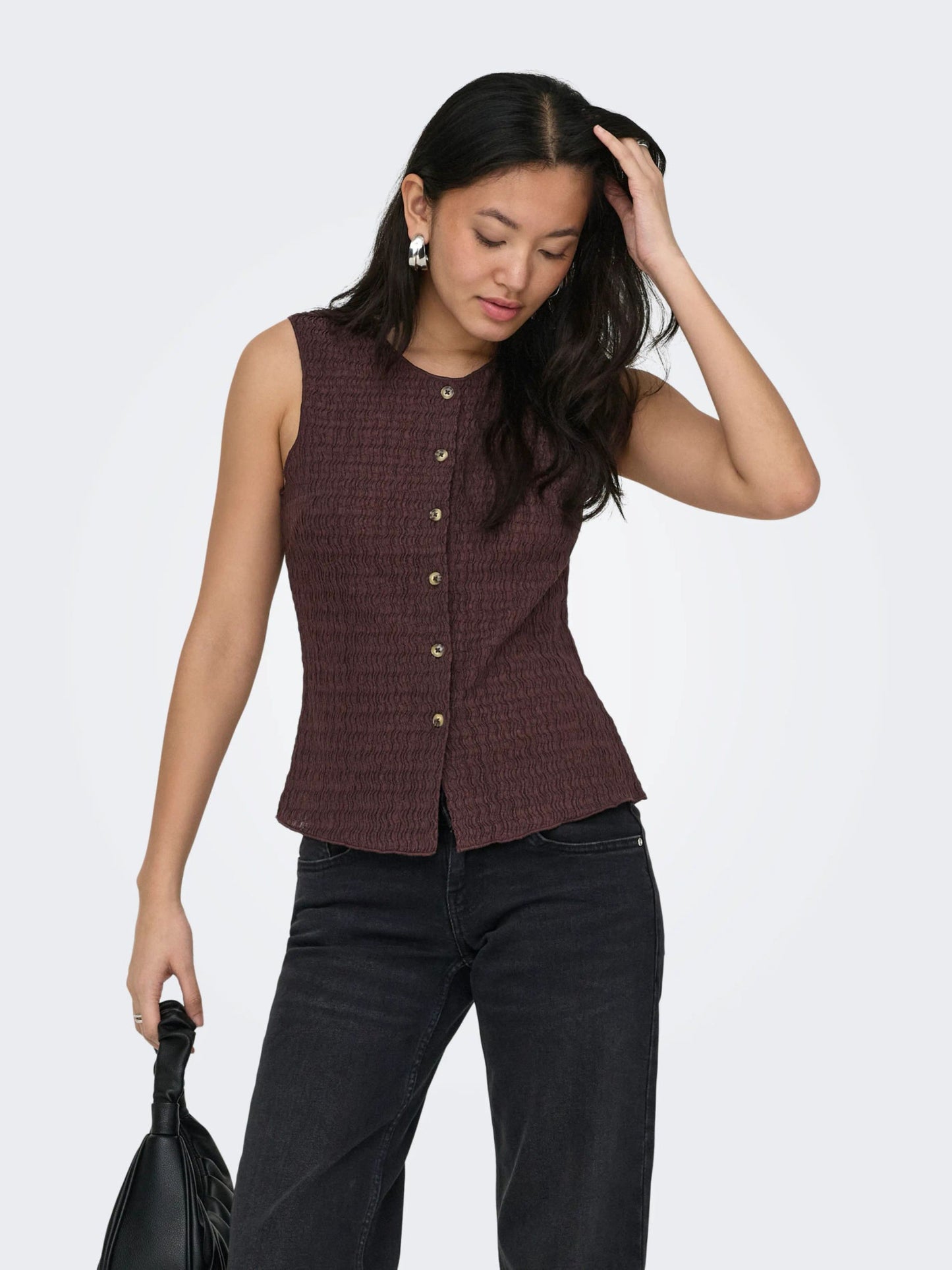 ONLY Crepe Style Button Vest in Chocolate