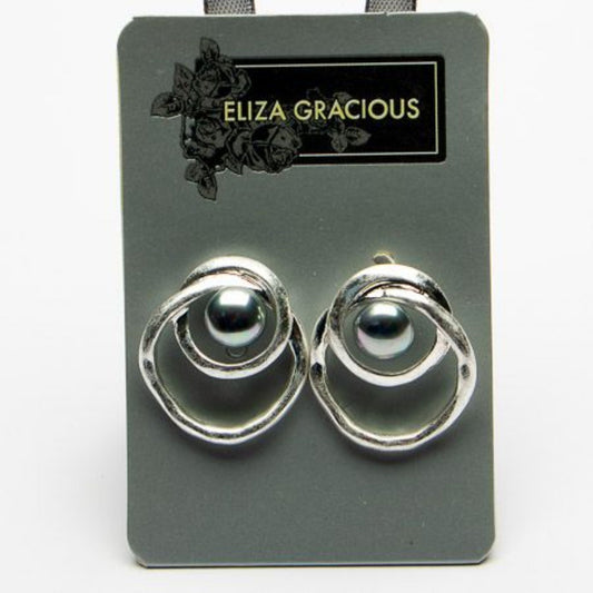 Eliza Gracious Silver Double Circle Studs with Grey Pearlised Bead - EE0247